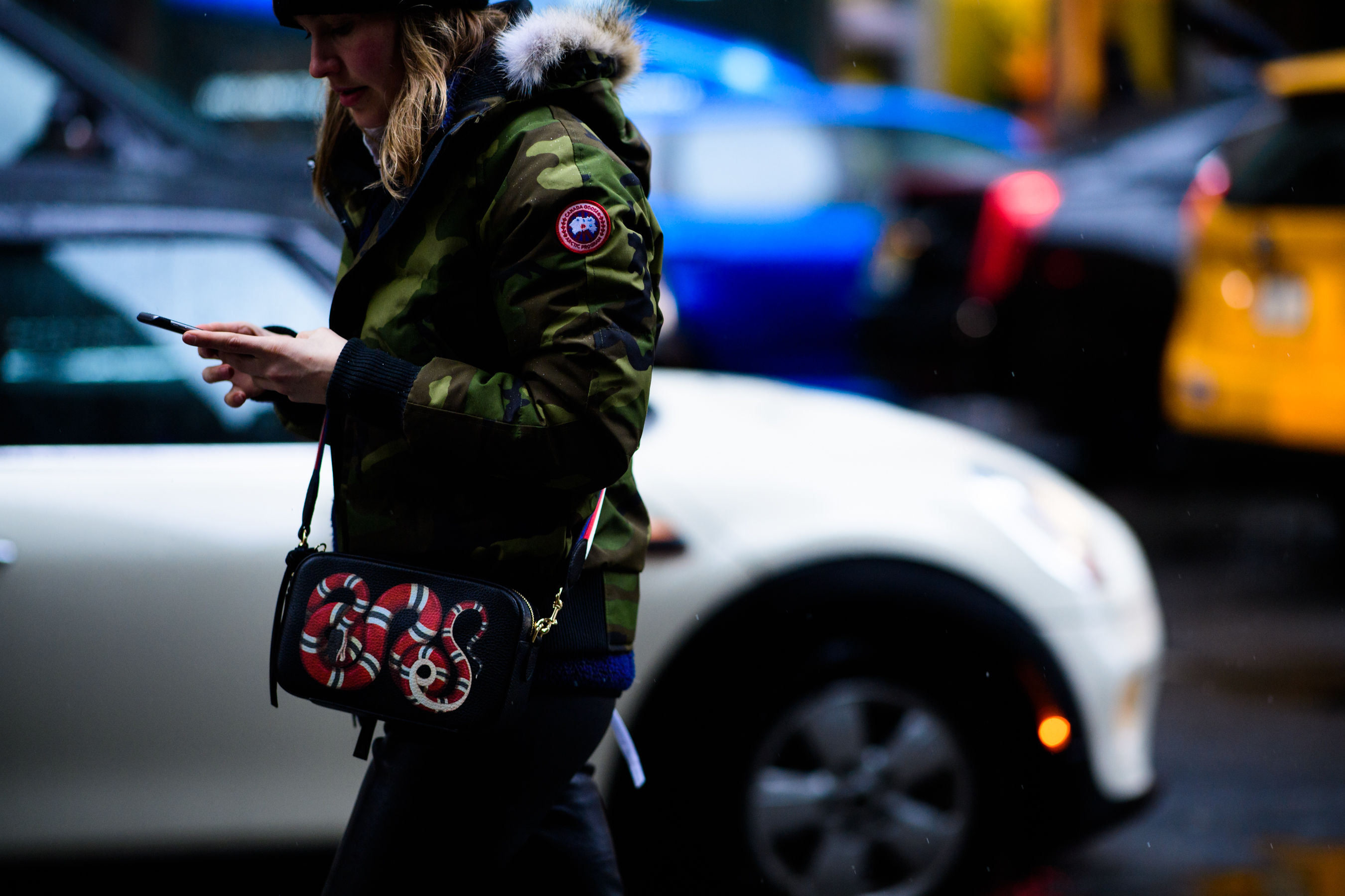 Editor wearing camo puffer jacket