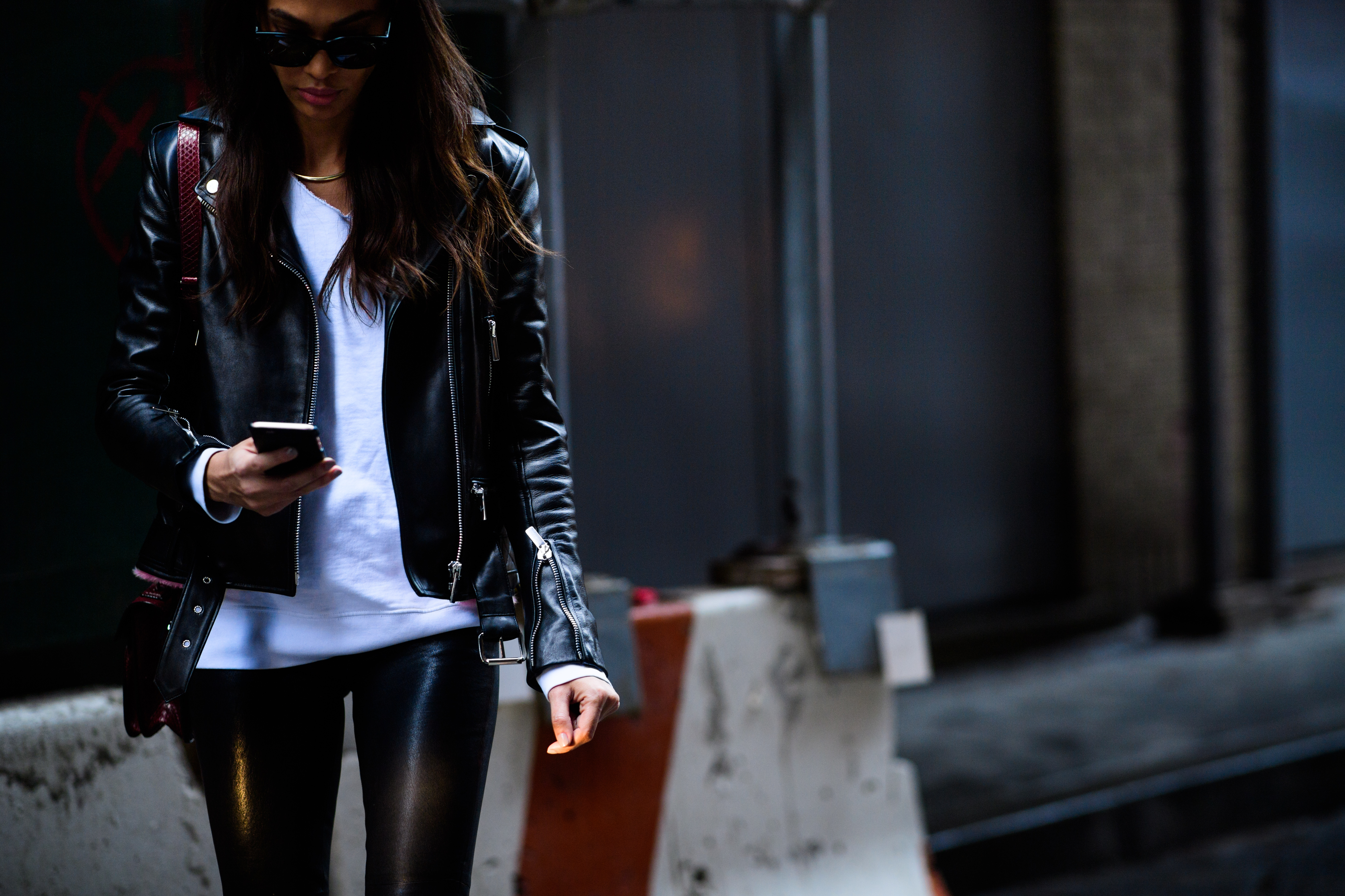 Model wearing leather jacket