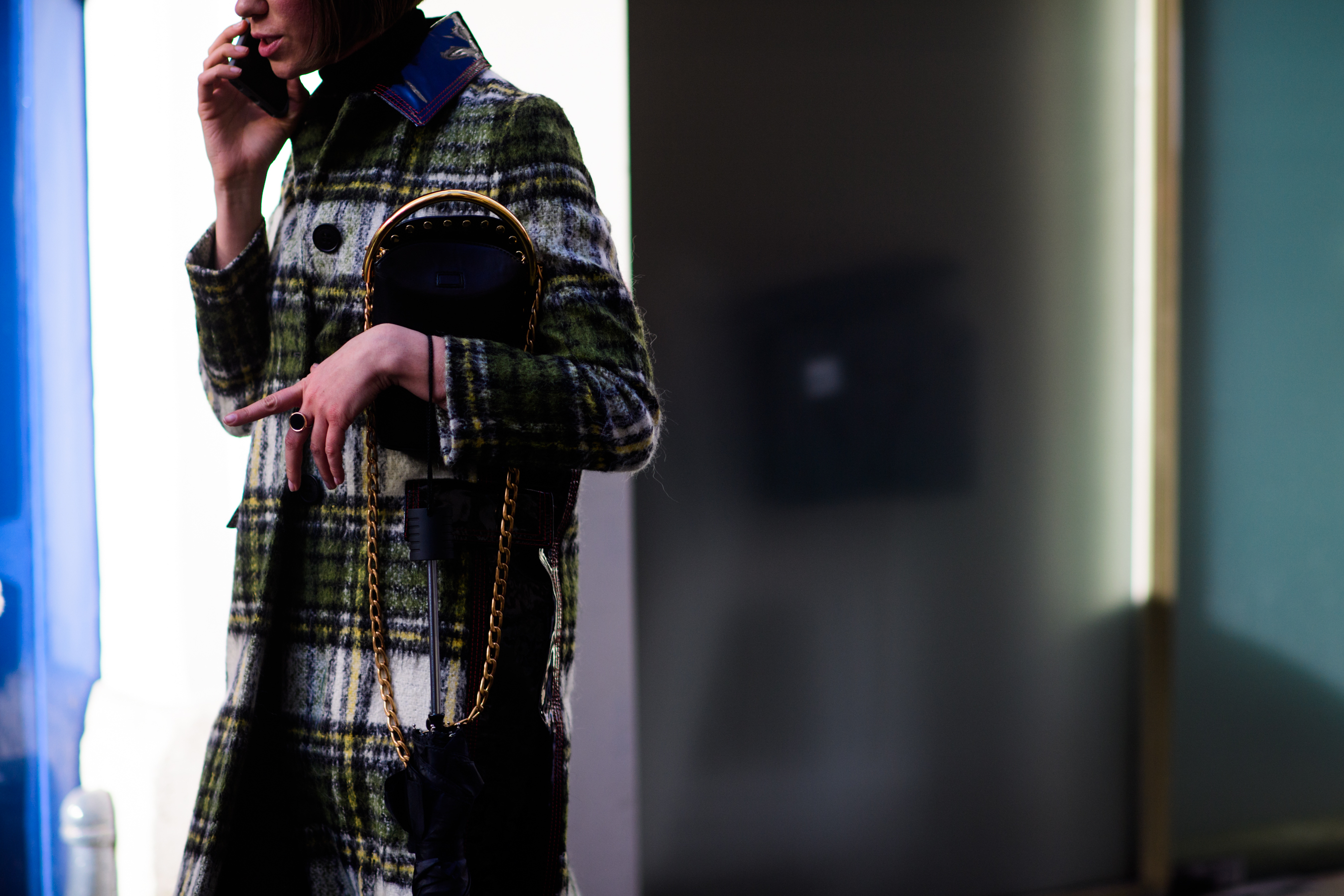 Woman wearing tweed coat