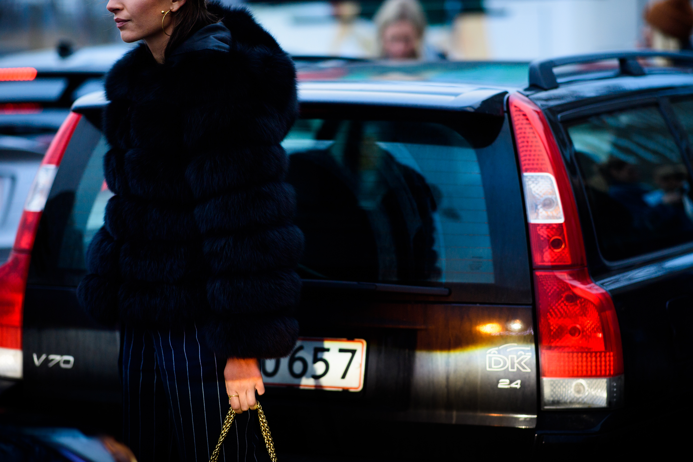 Woman wearing fur jacket
