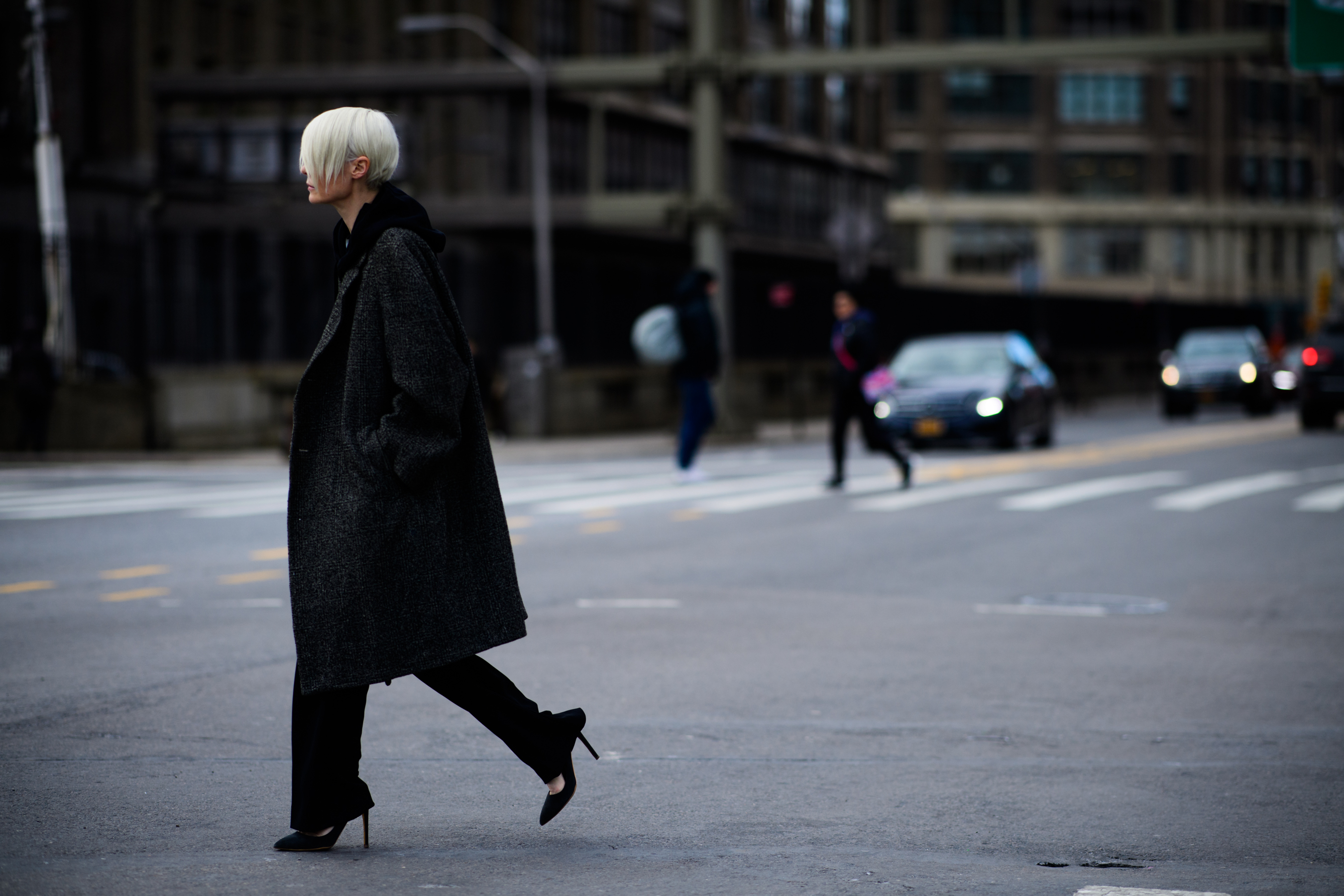 Woman with platinum blonde bob