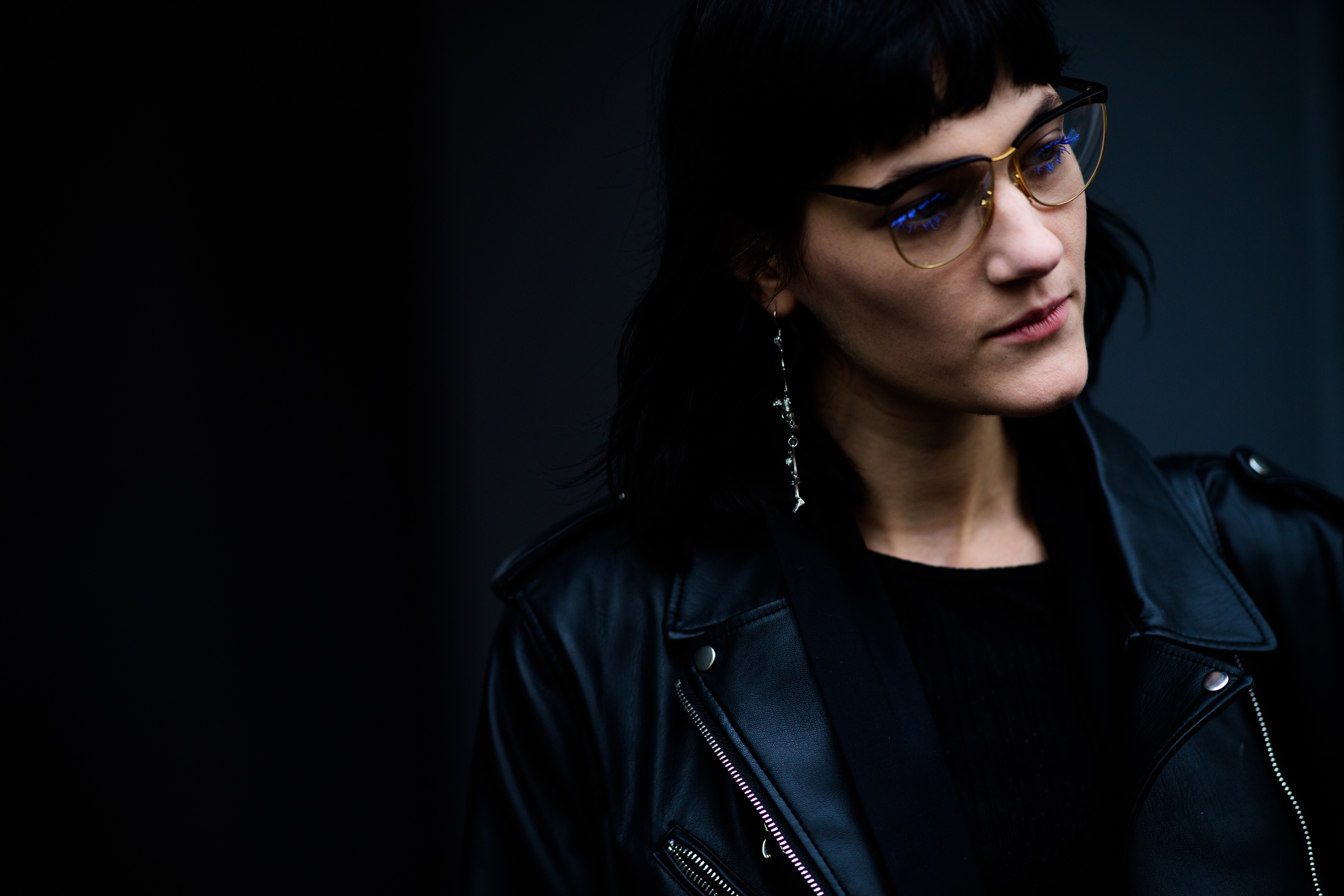 Model wearing leather jacket