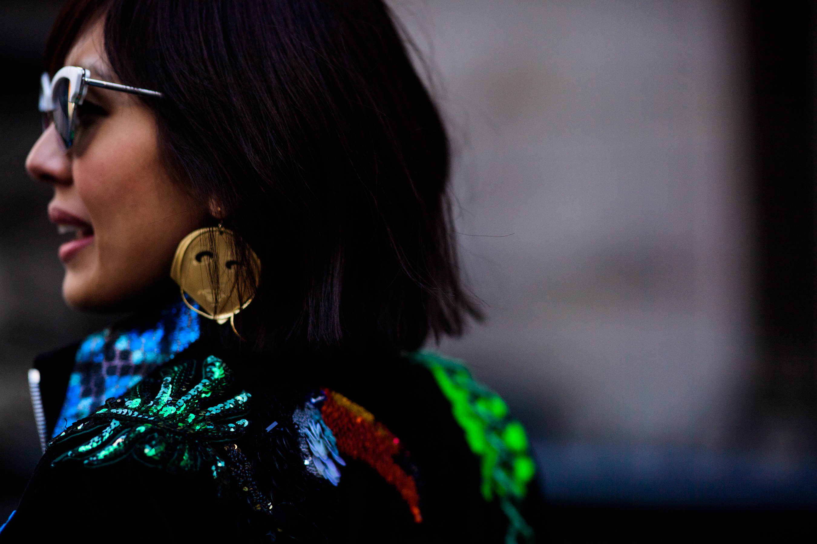 Woman wearing colorful jacket