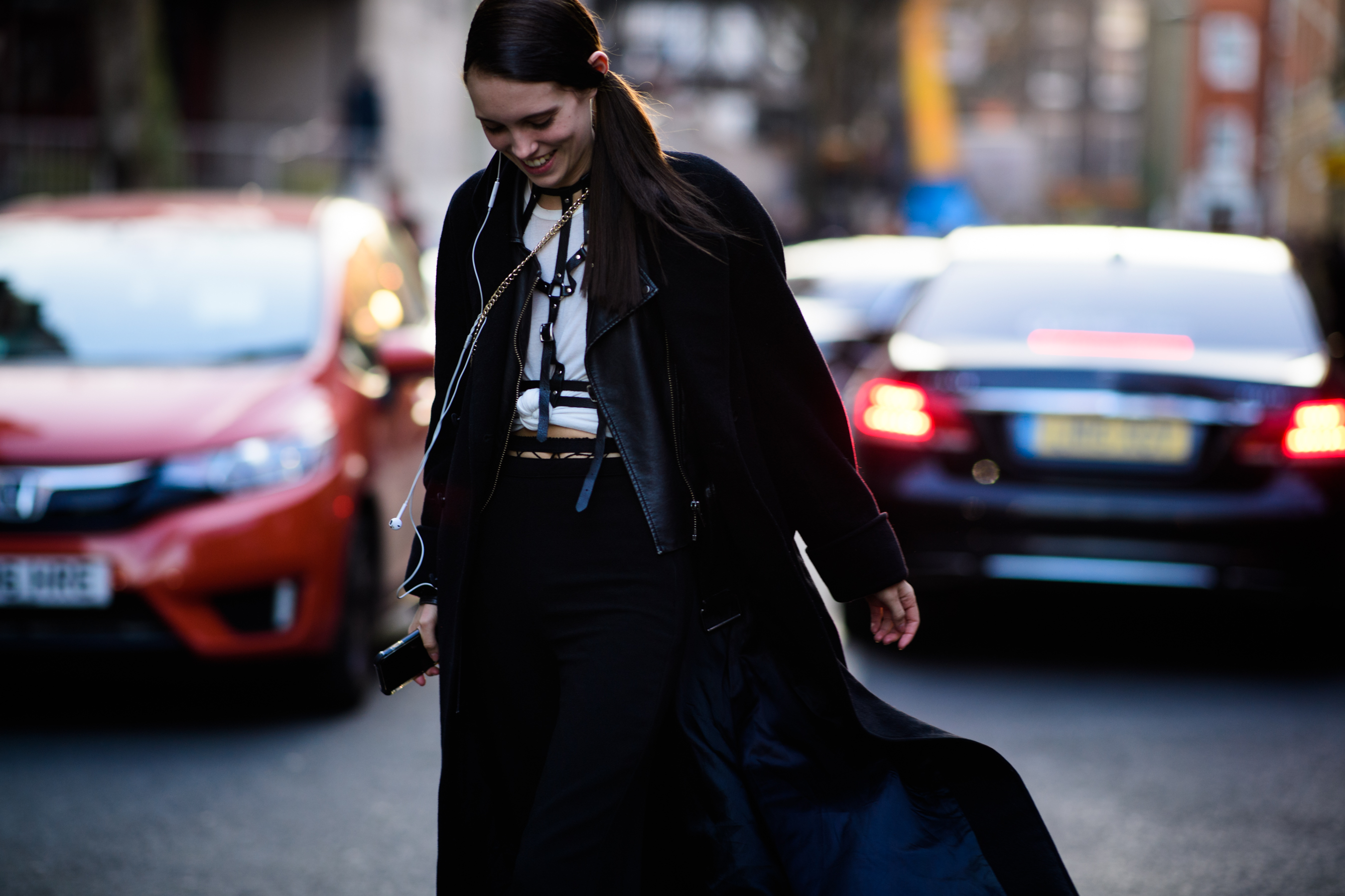 Model wearing leather jacket