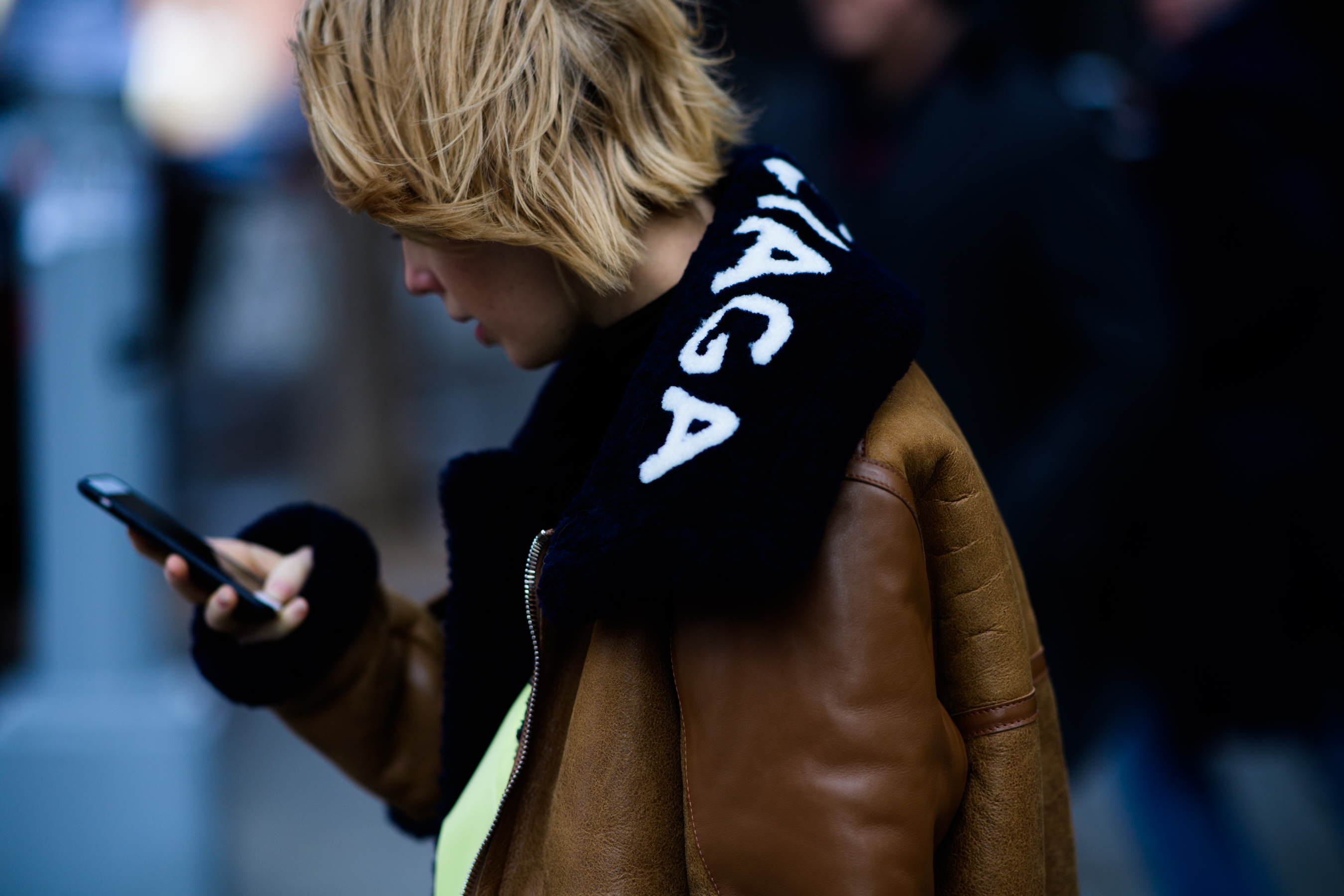 Woman wearing Balenciaga sheepskin jacket