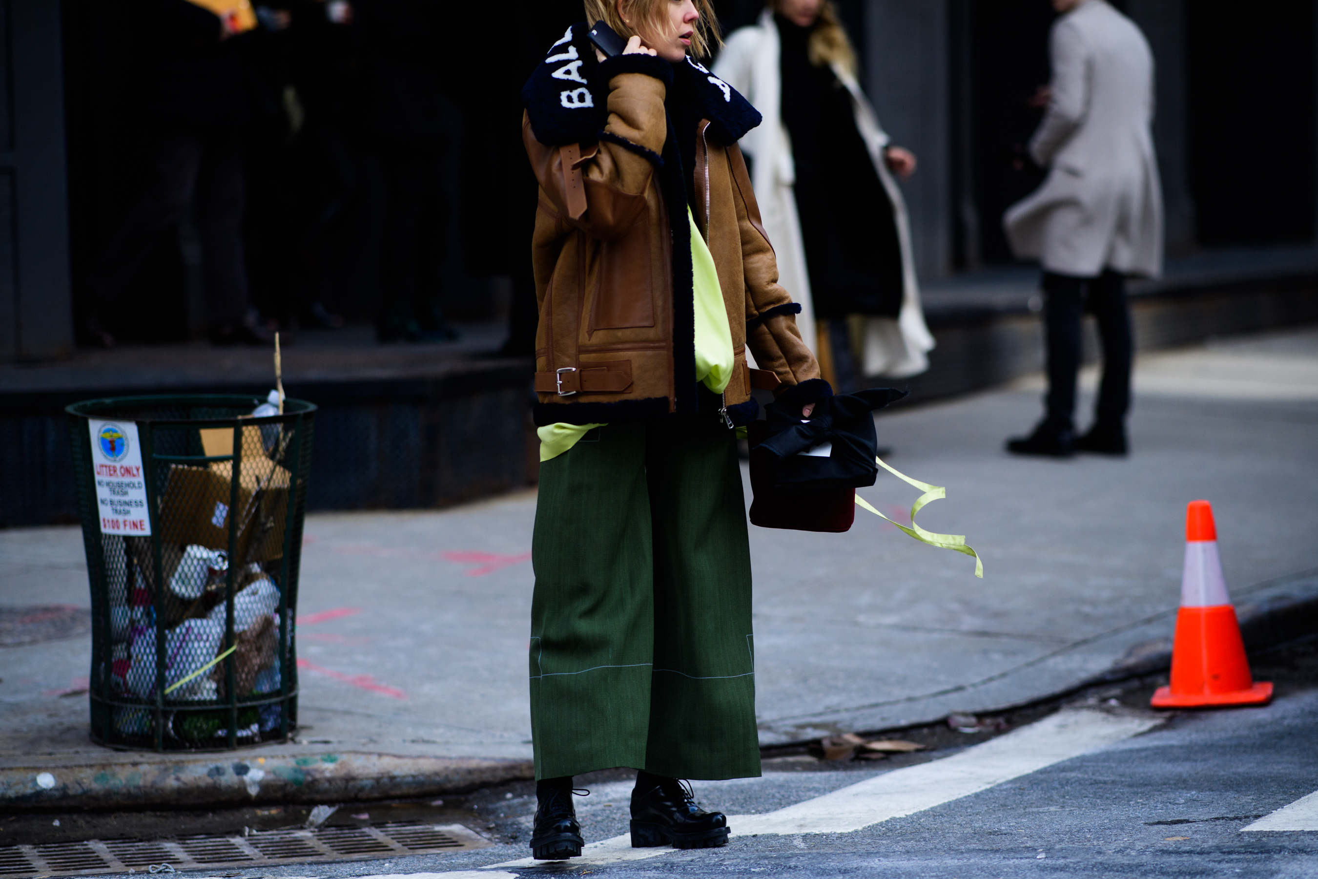 Woman wearing Balenciaga sheepskin jacket