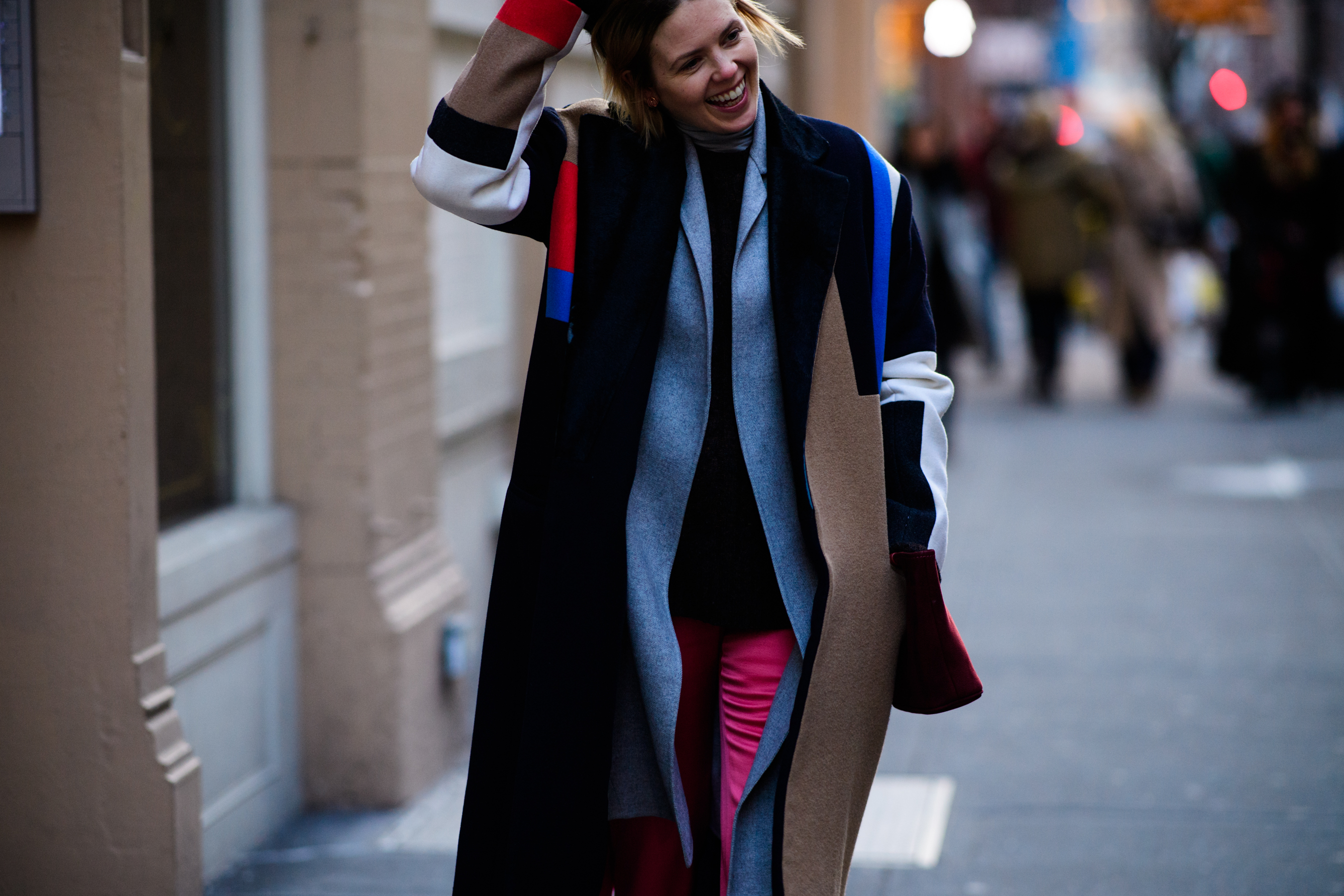 Woman wearing colorful coat