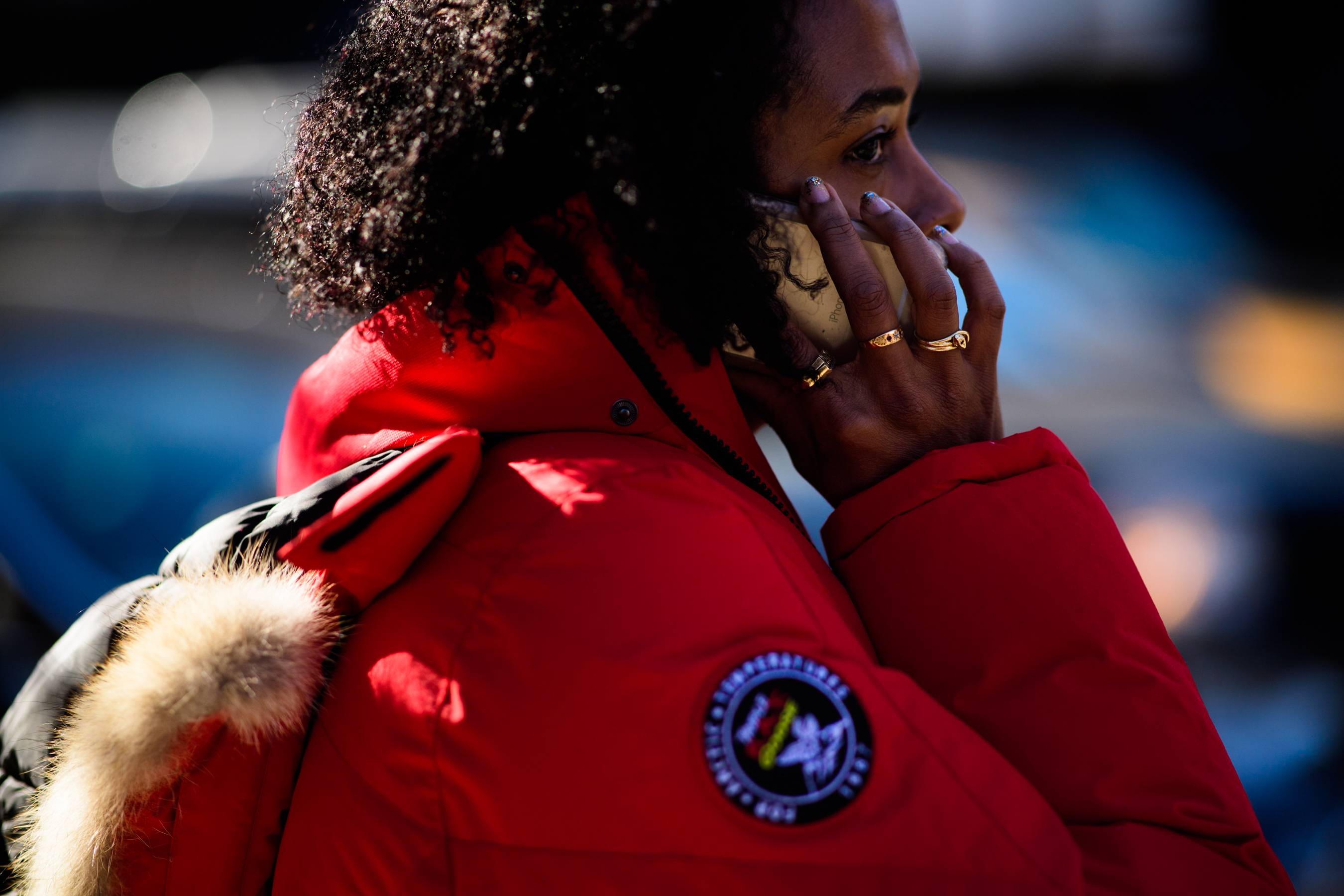 Woman wearing red puffer jacket