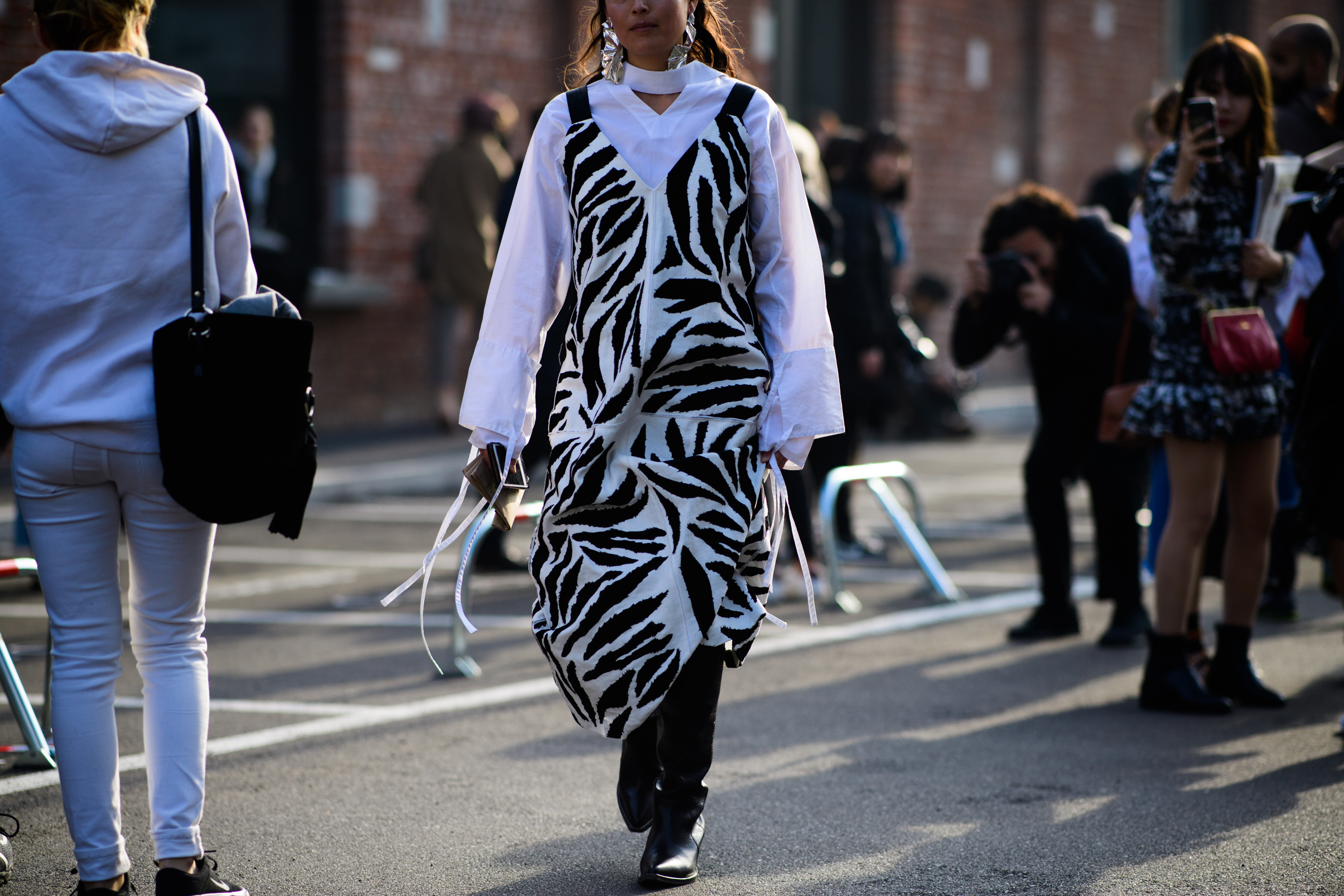 Woman wearing zebra dress