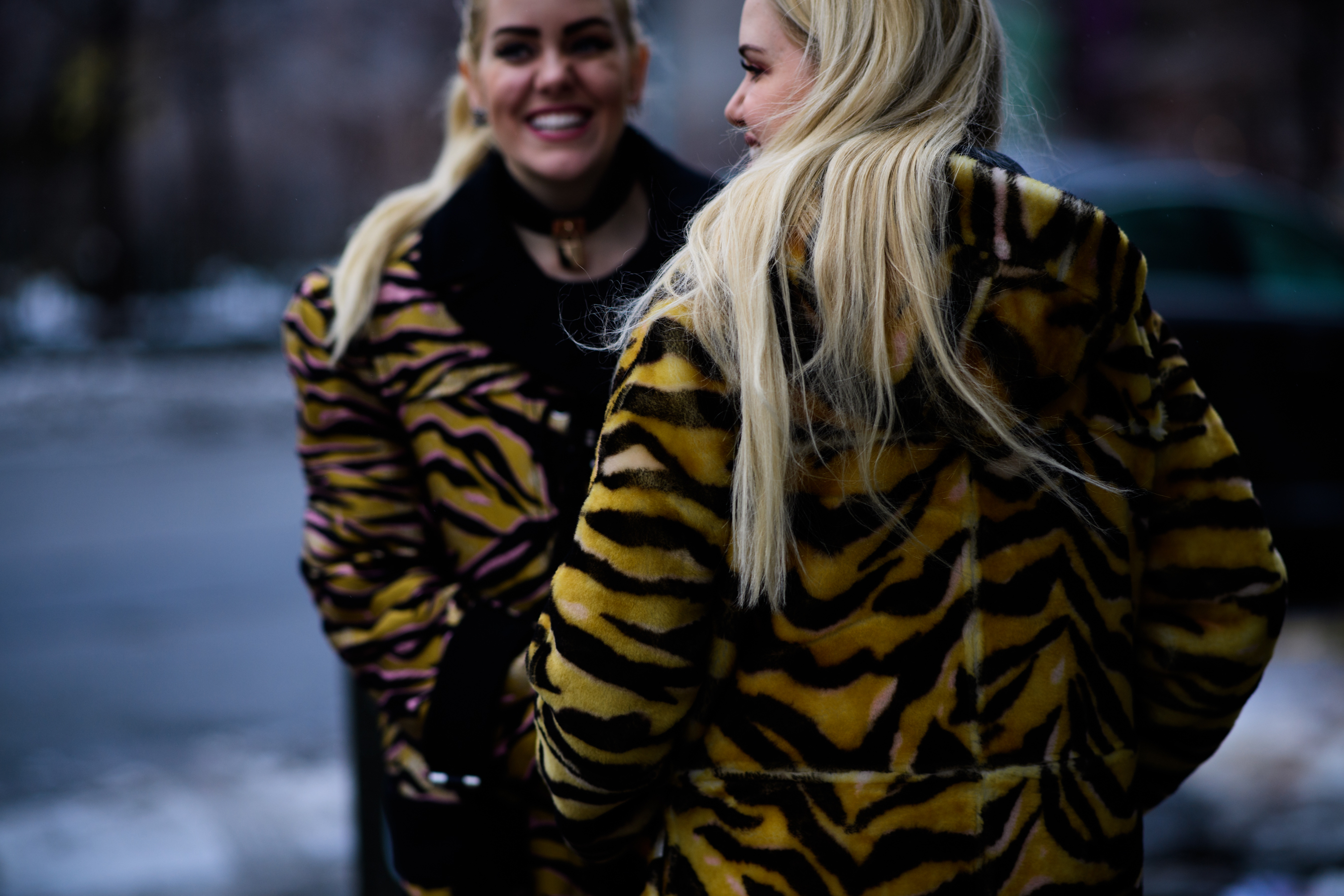 Blogger twins wearing animal print coats