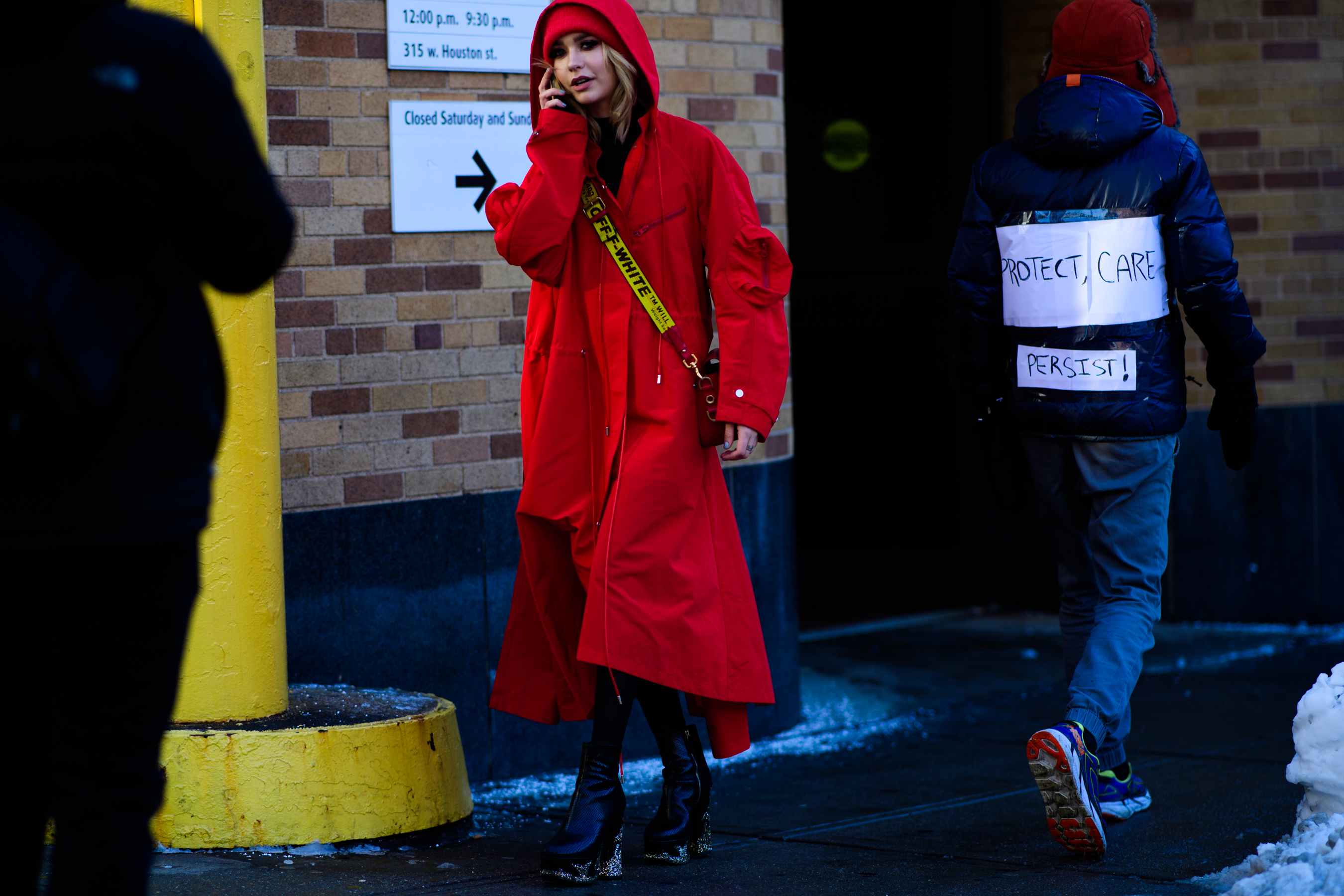 Woman wearing red clothes and off-white belt