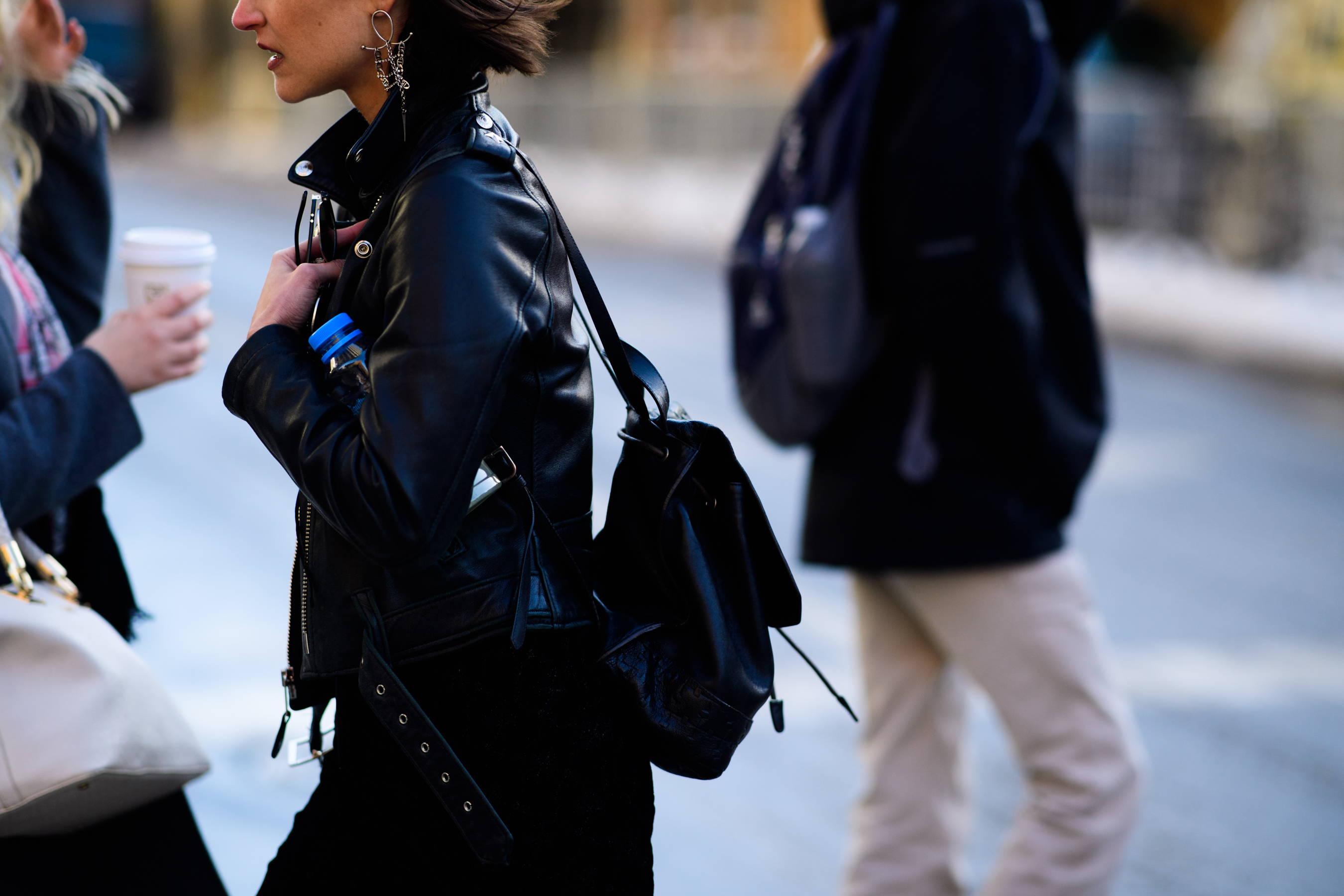 Woman wearing leather jacket