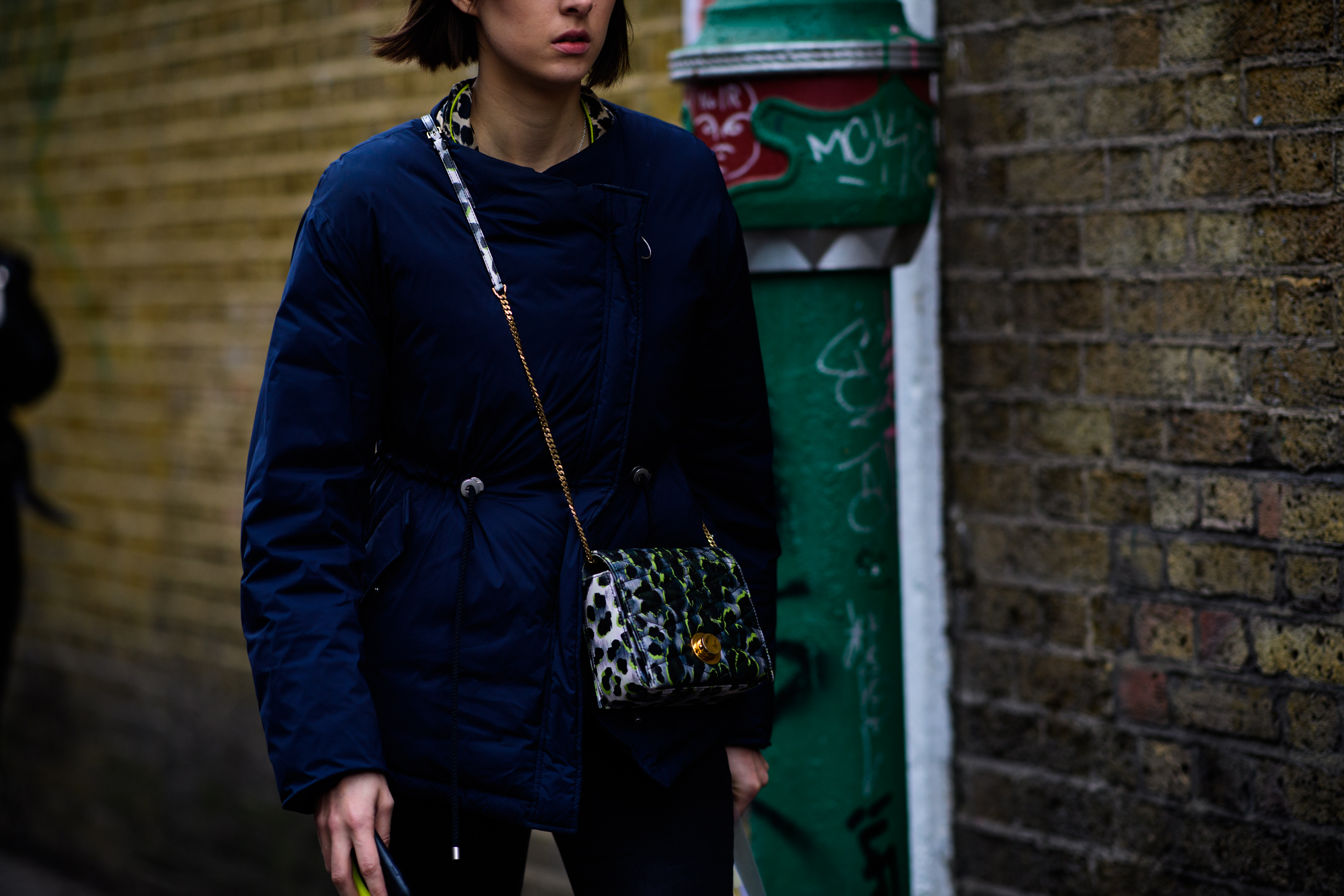 Woman wearing blue puffer jacket