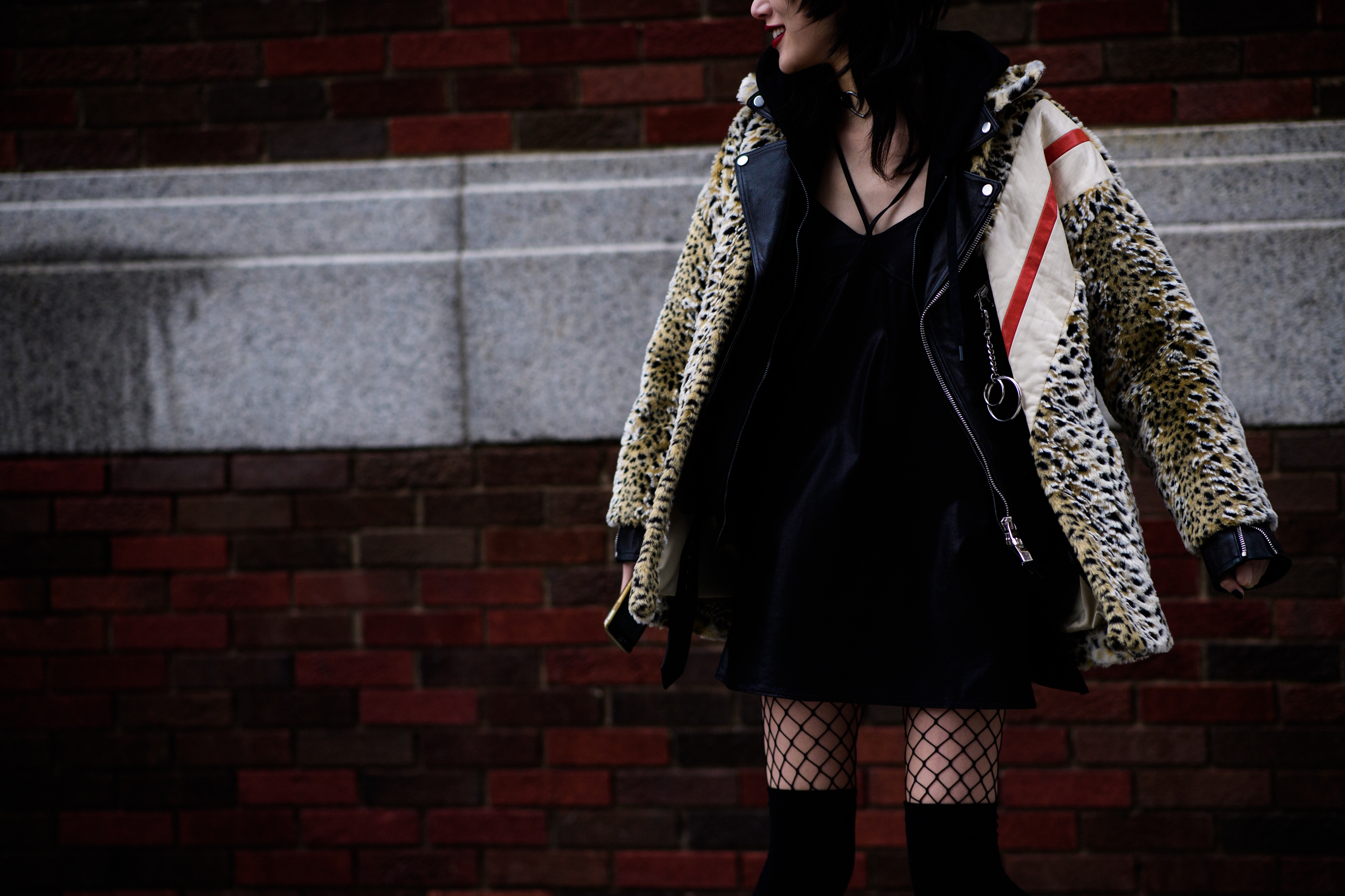 Woman wearing panther jacket