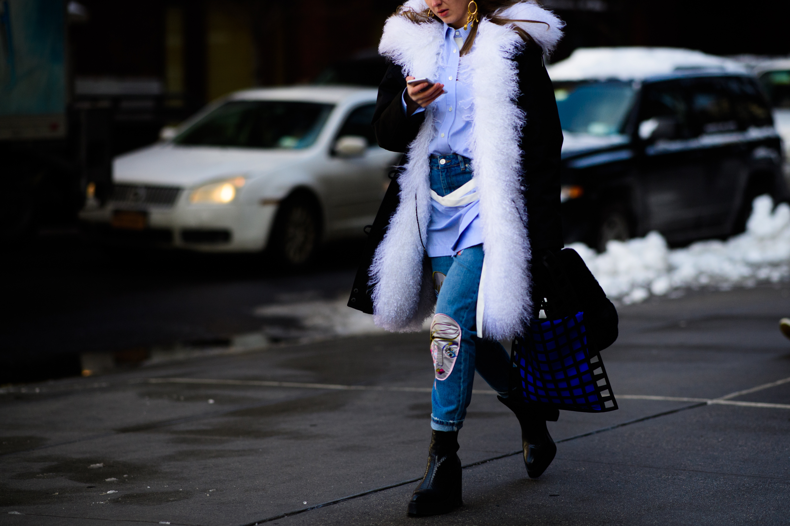 Woman wearing fur jacket