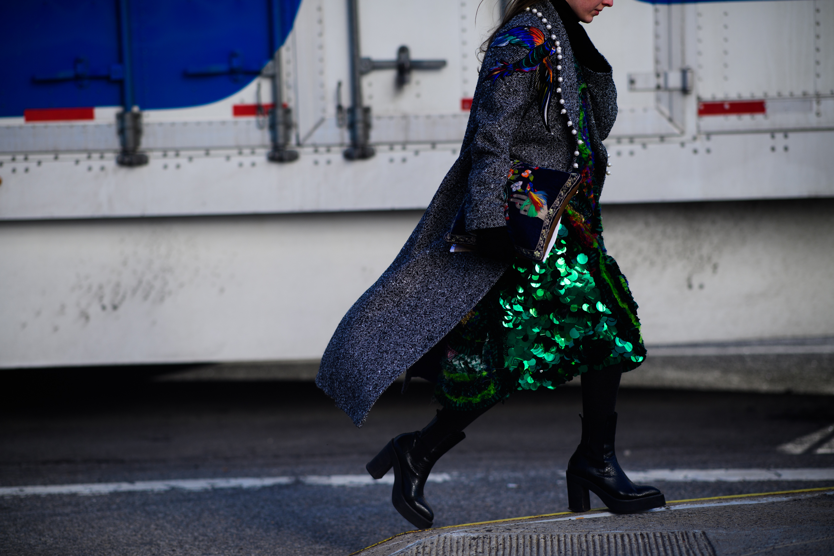 Russian stylist wearing sequenced skirt