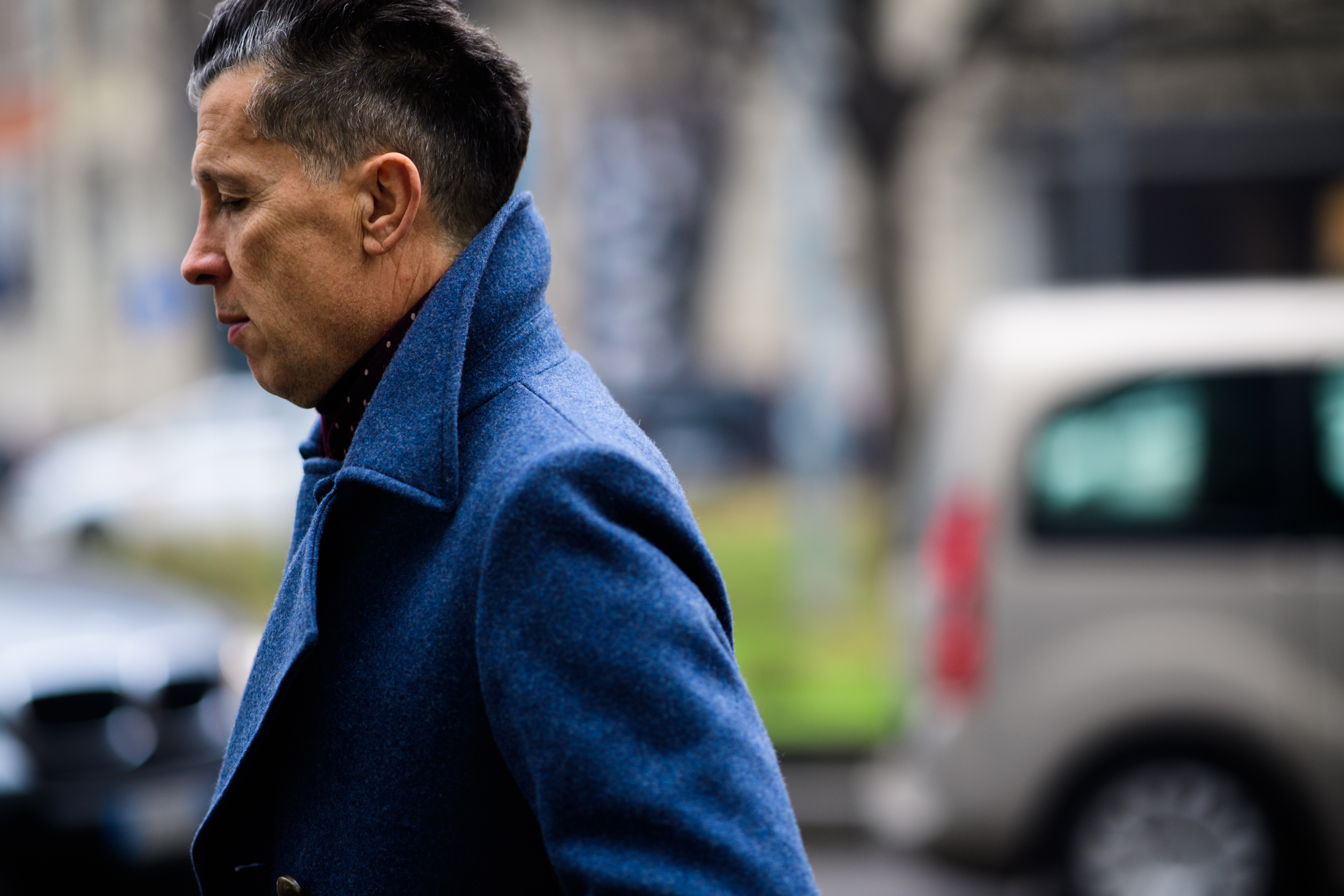 W Magazine editor wearing blue coat