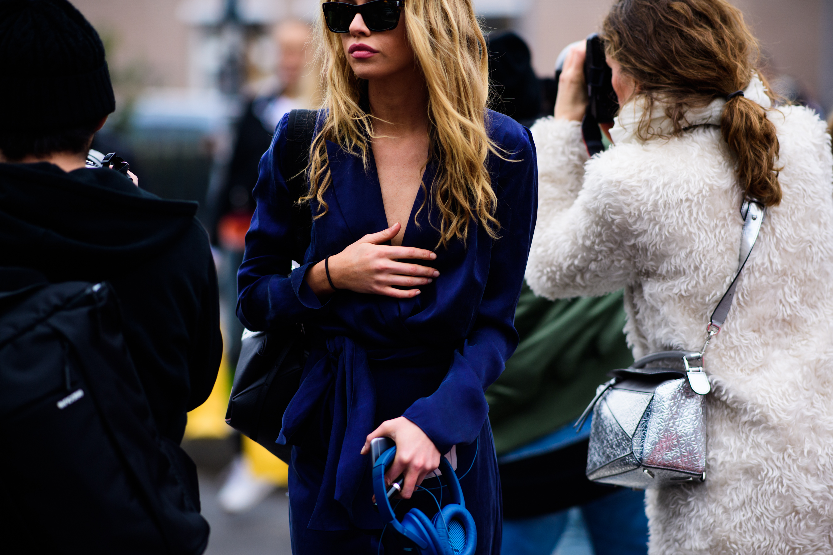 Model wearing blue dress