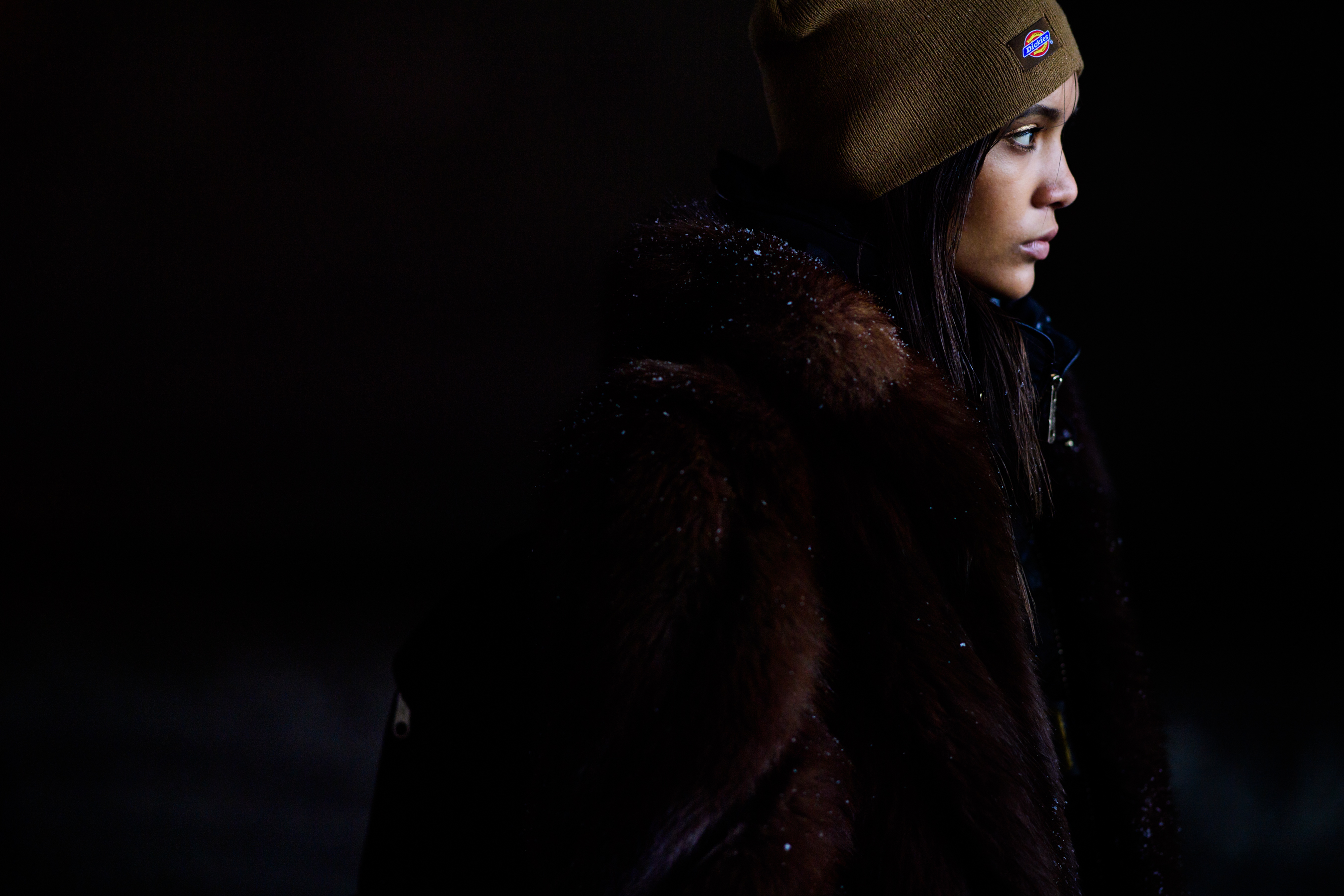 Woman wearing brown fur coat