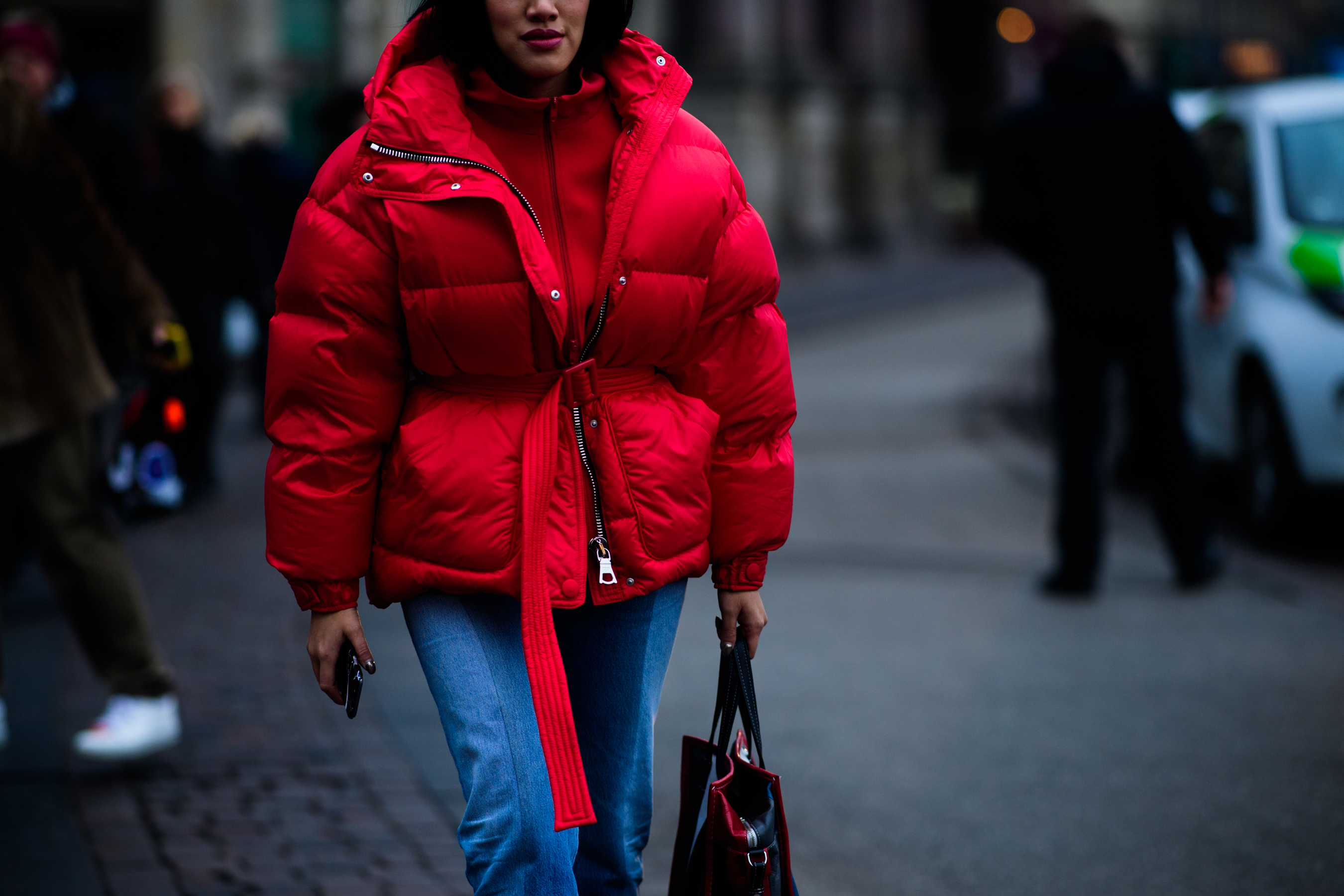 Woman wearing red jacket