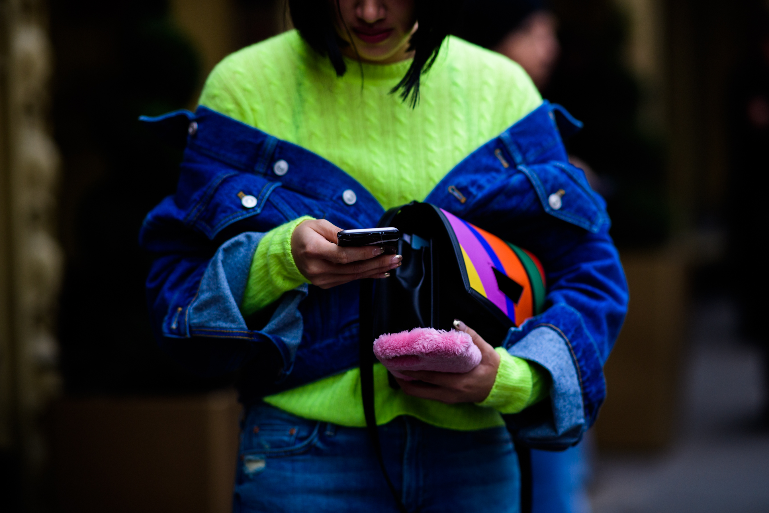 Woman wearing Loewe bag and Mother denim