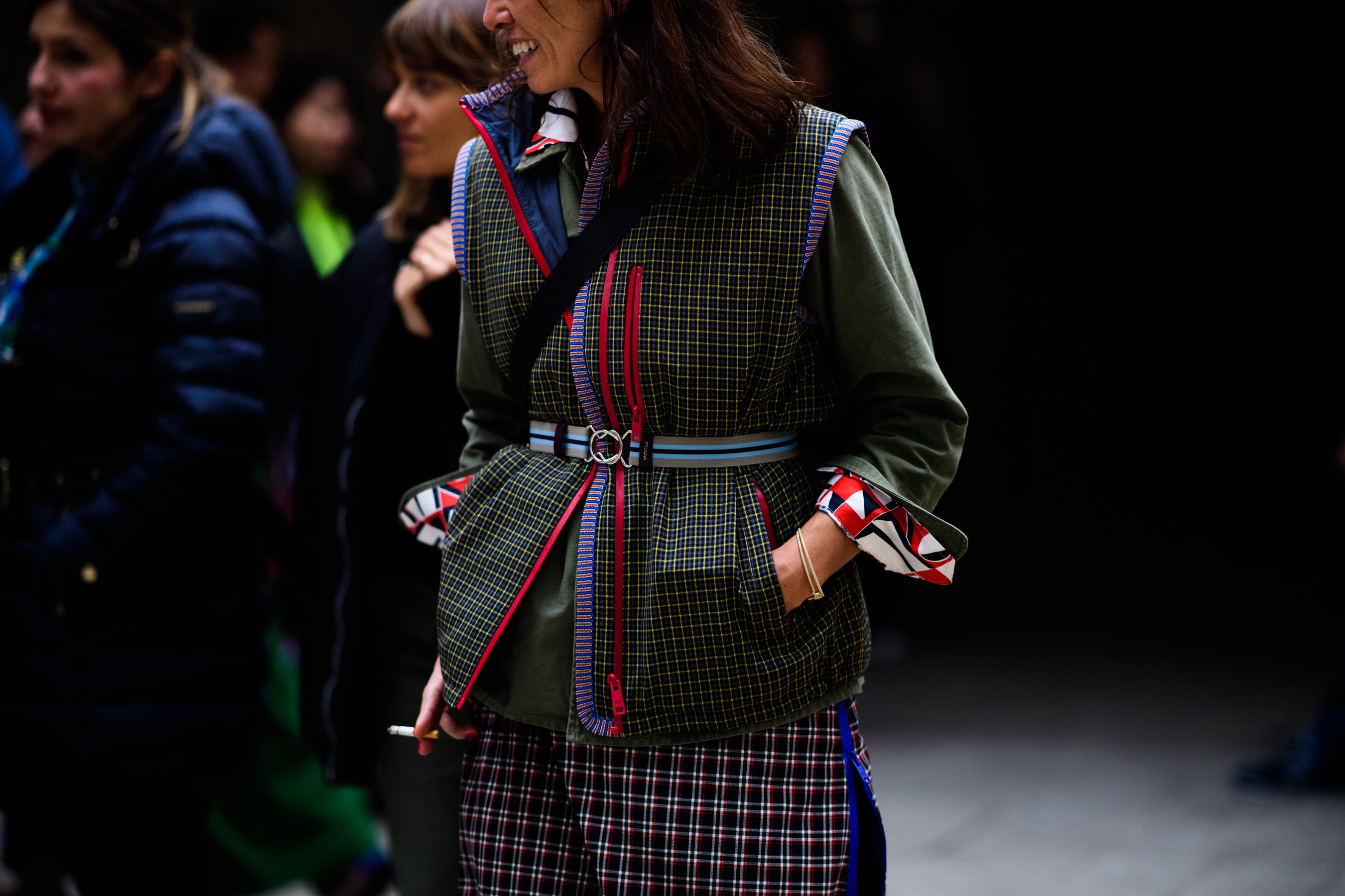 Woman wearing colorful jacket