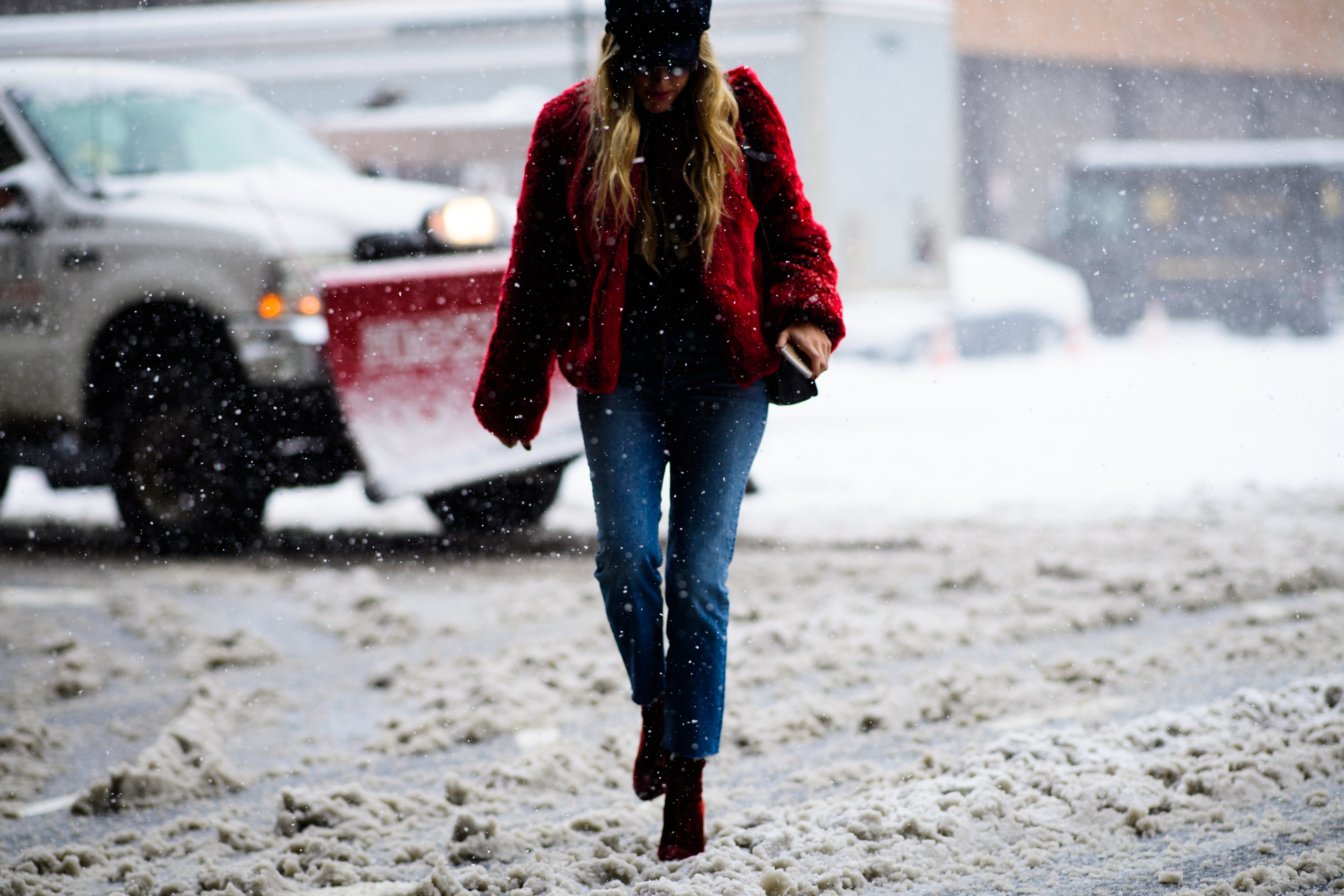 Woman wearing red jacket