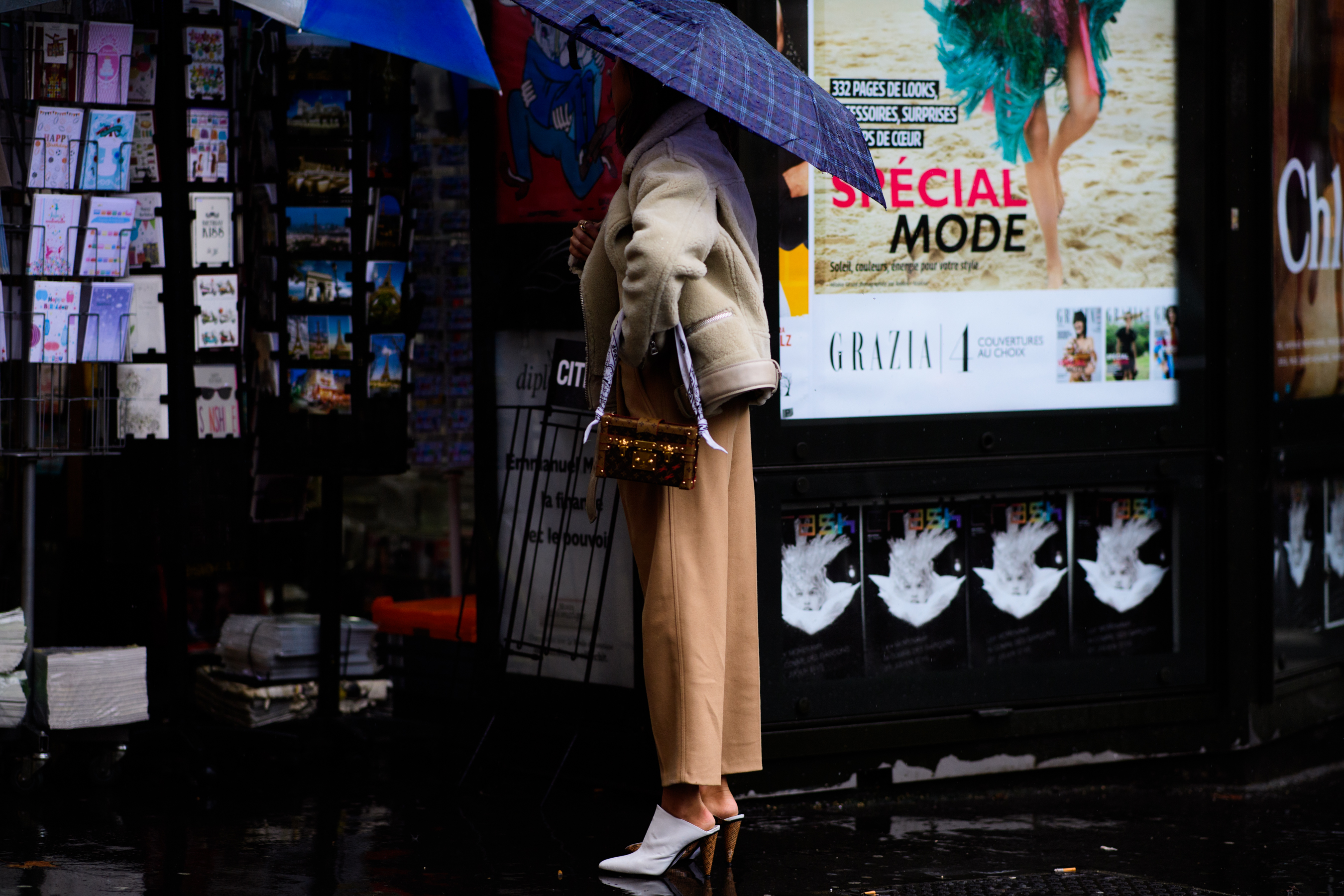 Woman wearing sheepskin jacket