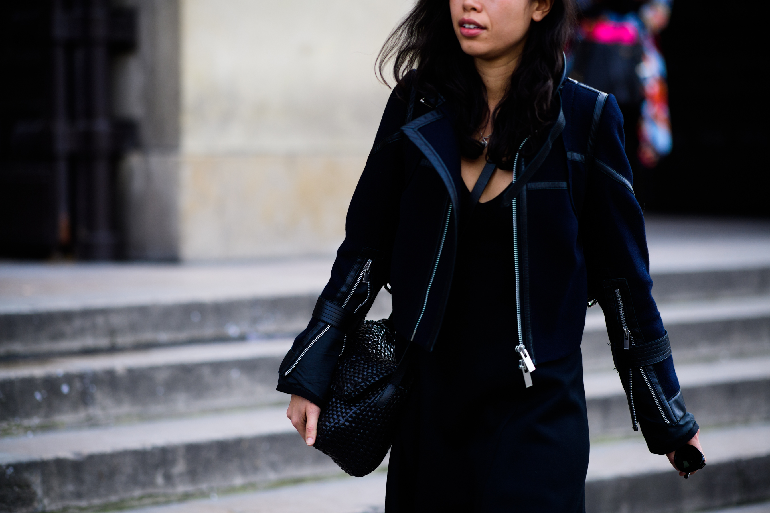 Woman wearing leather jacket
