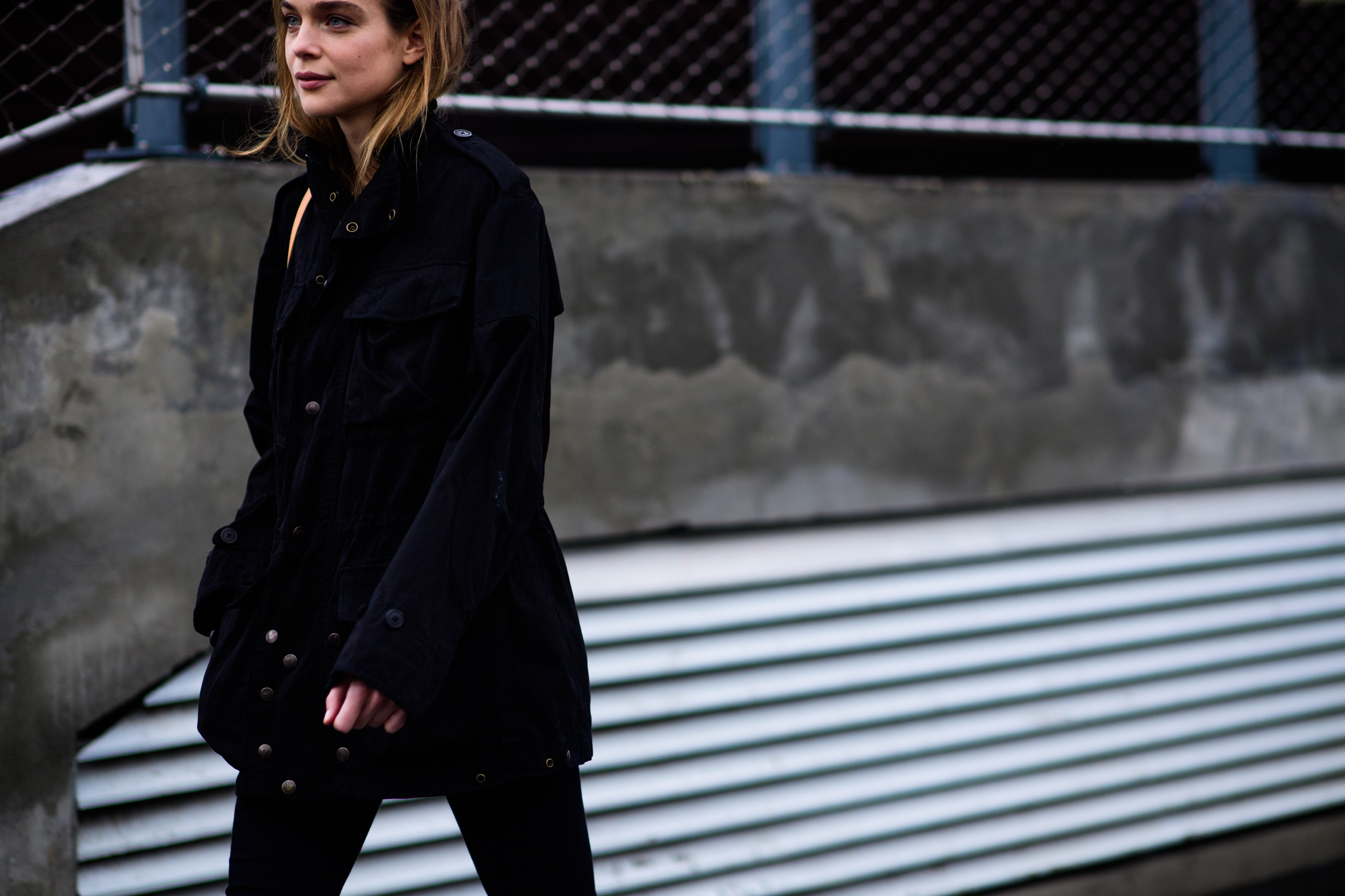 Model wearing black after the show