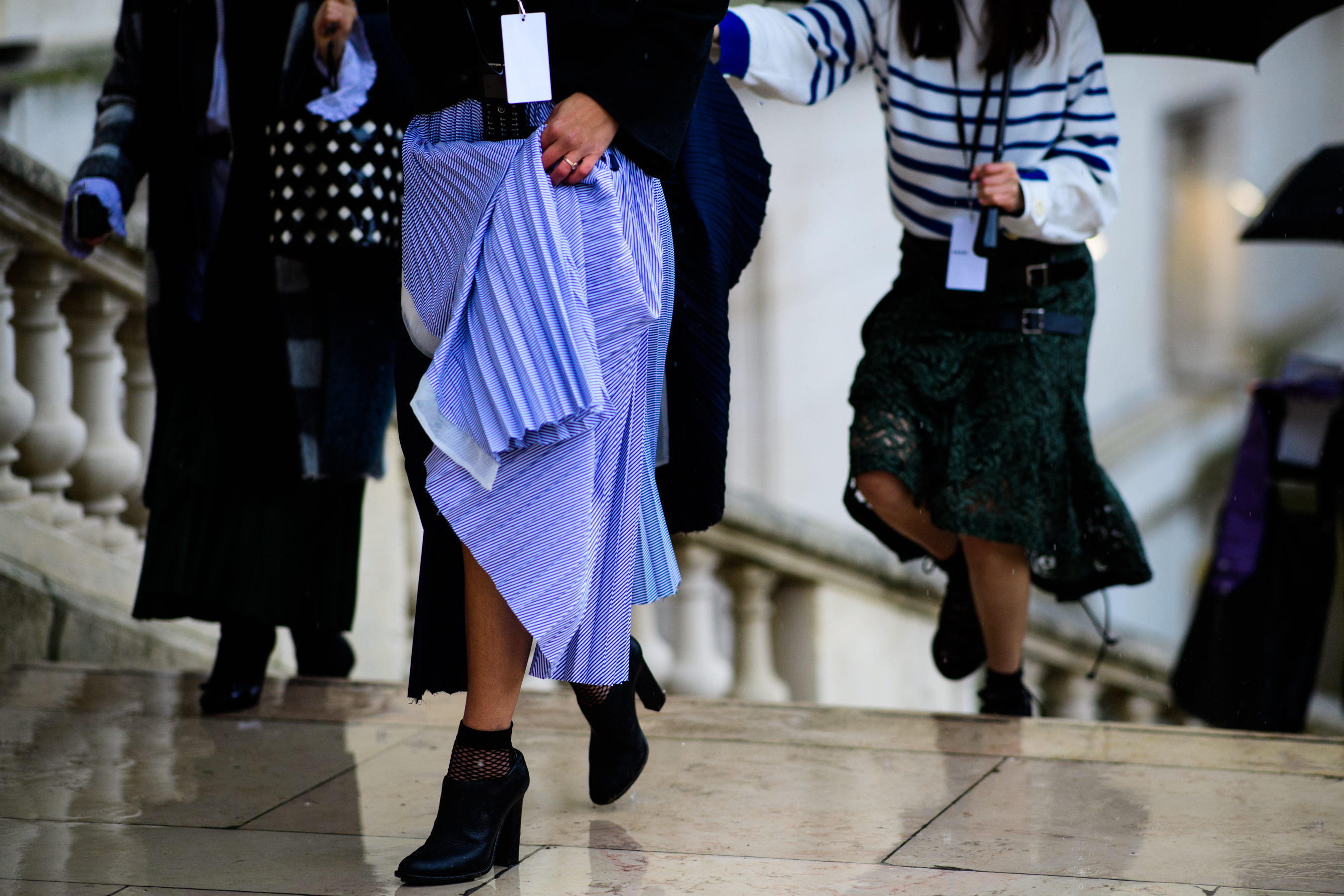 Woman wearing blue cotton Sacai skirt
