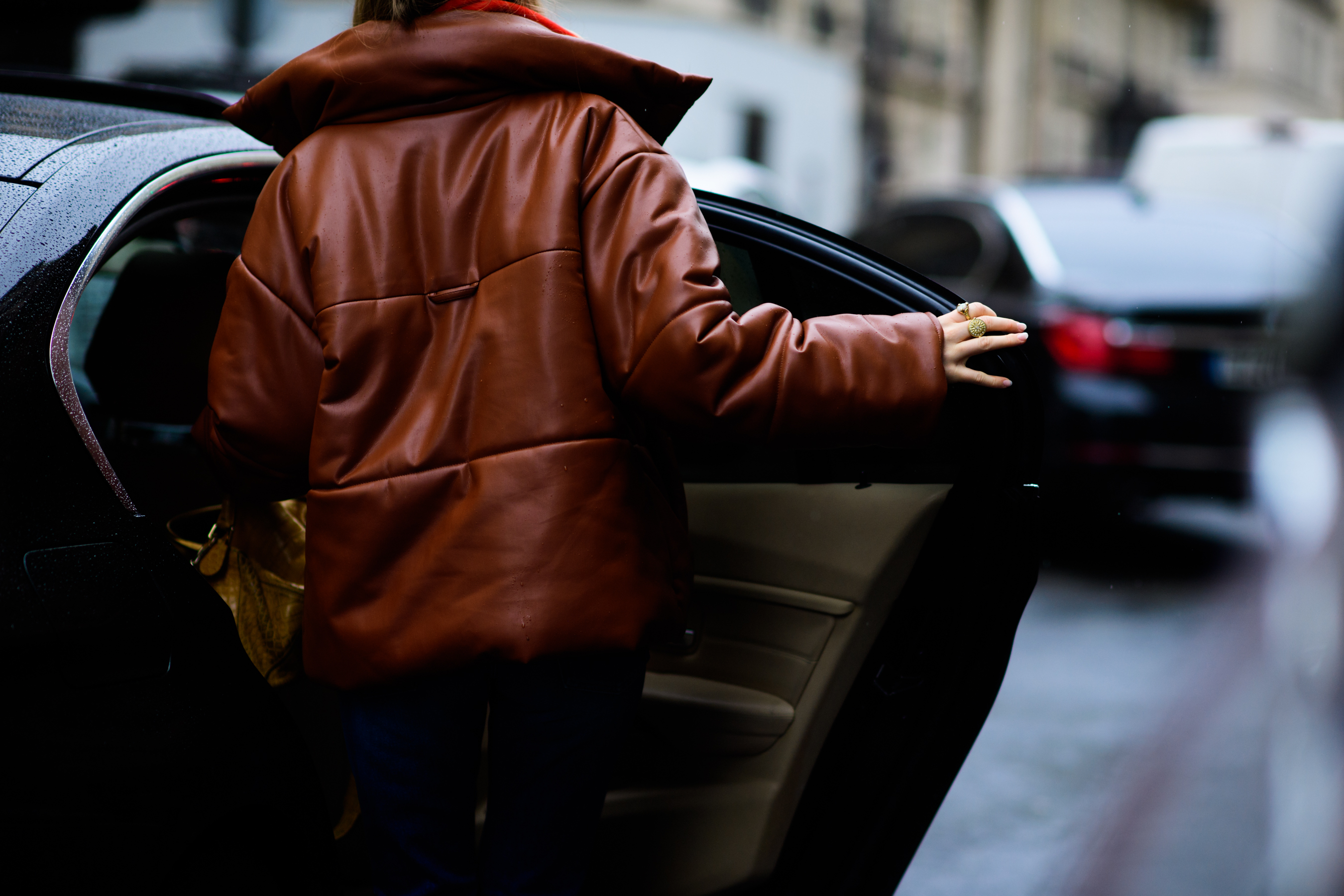 Danish blogger wearing leather puffer