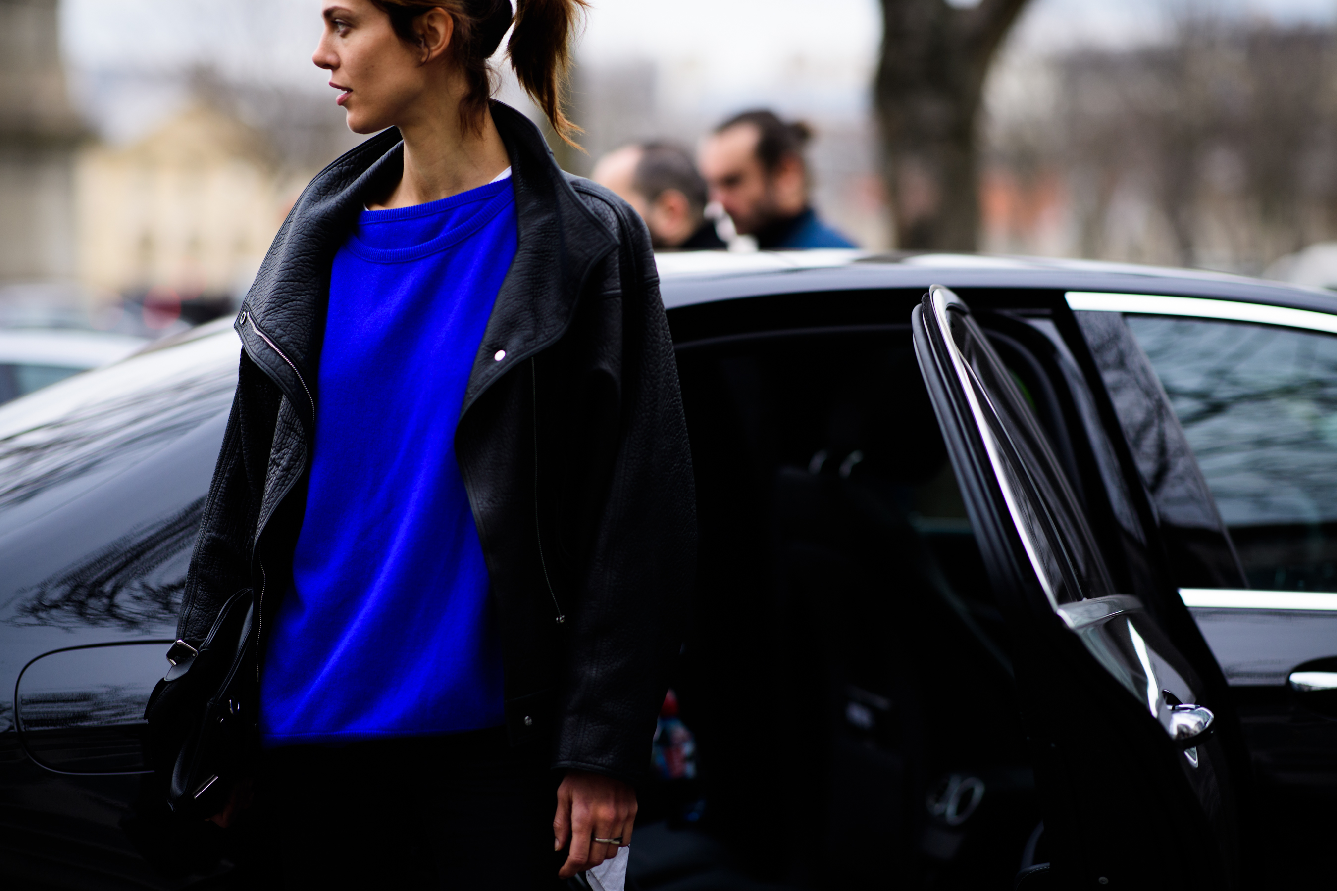 French top model wearing blue sweater