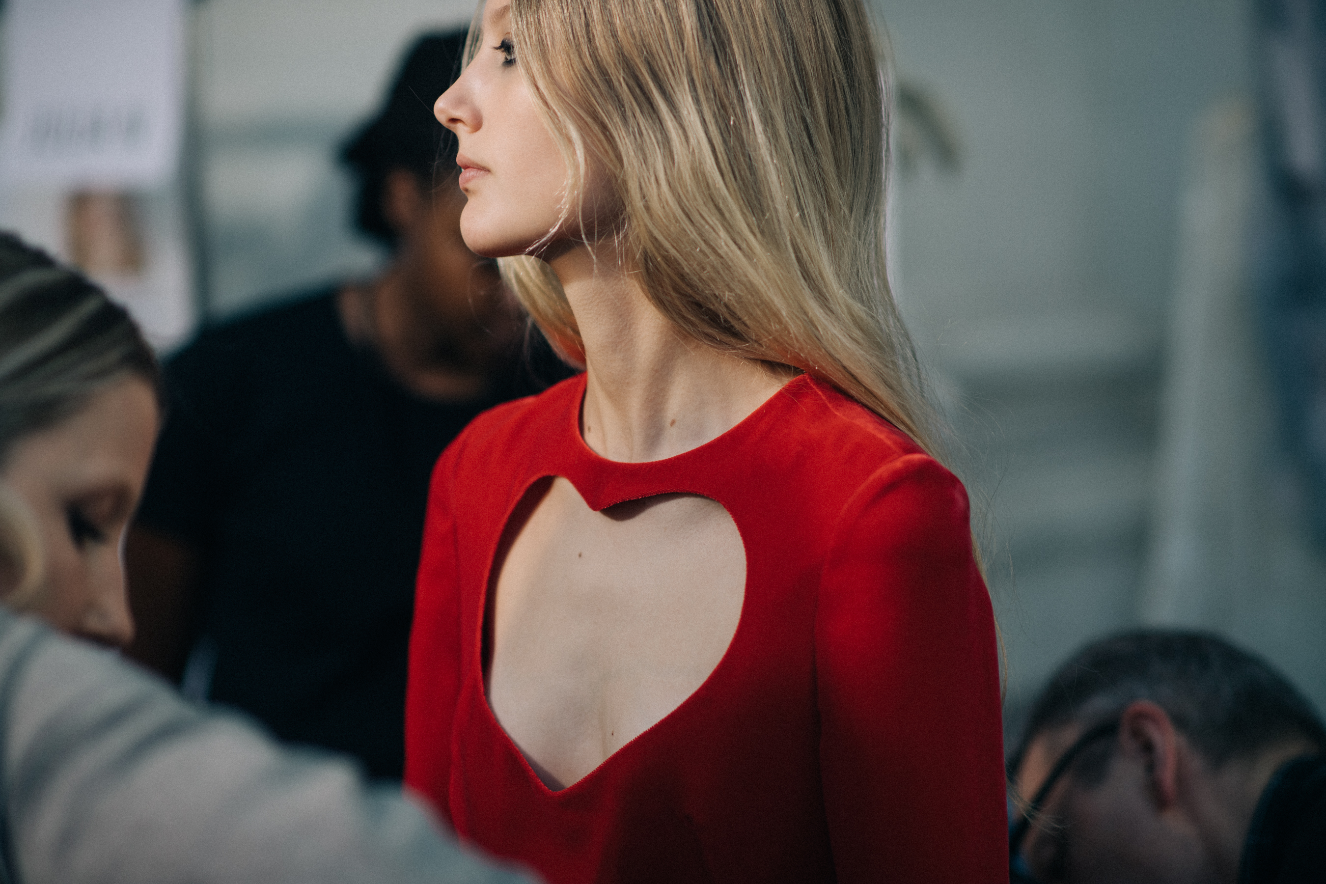Model wearing red dress