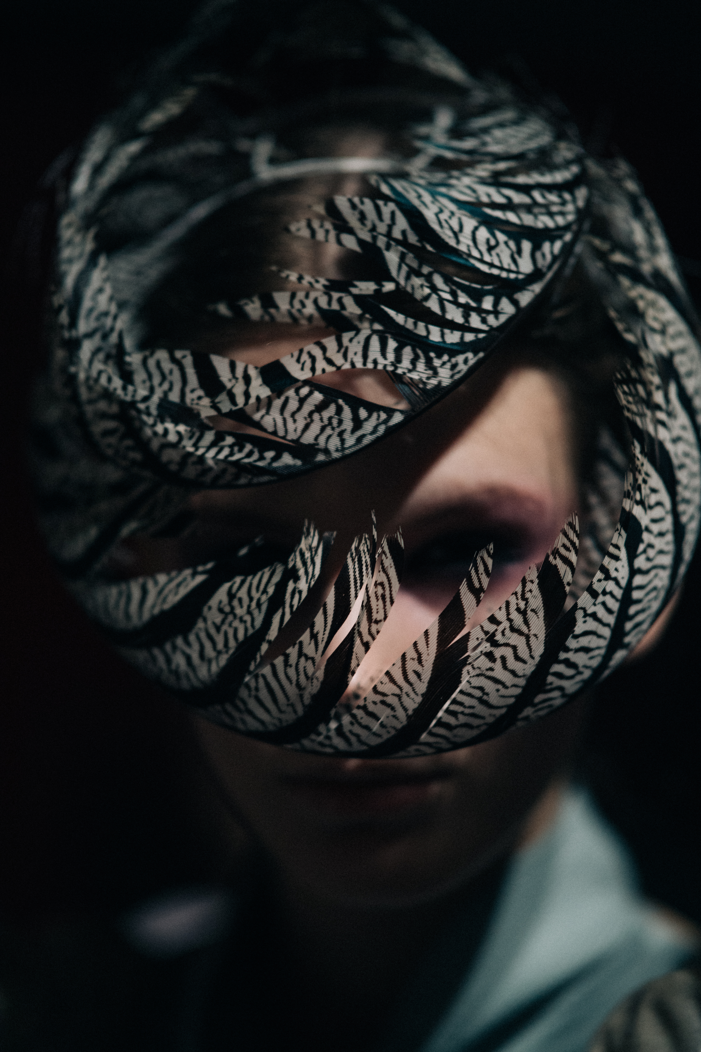 Portrait of a model wearing feather mask