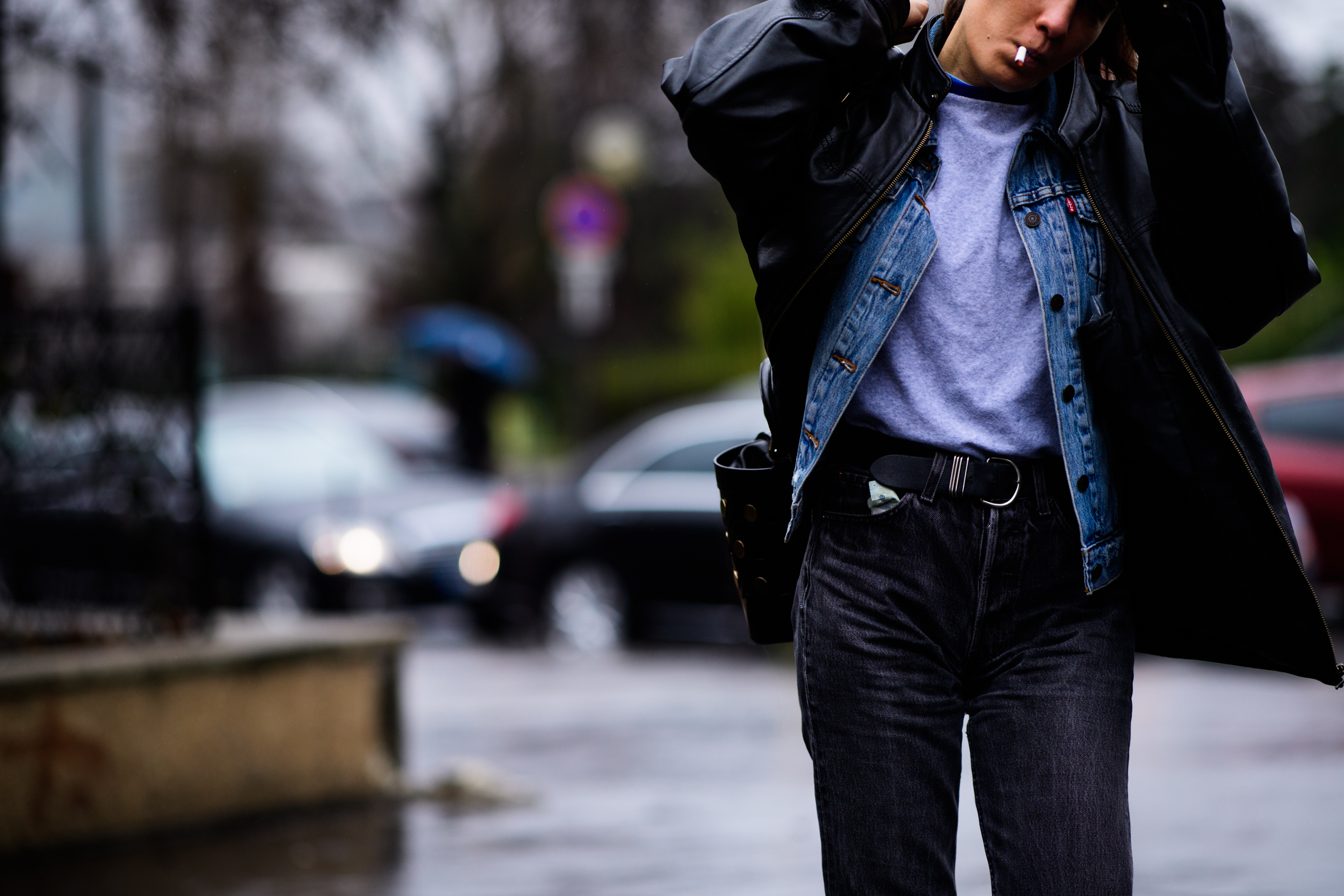 Woman wearing denim and leather