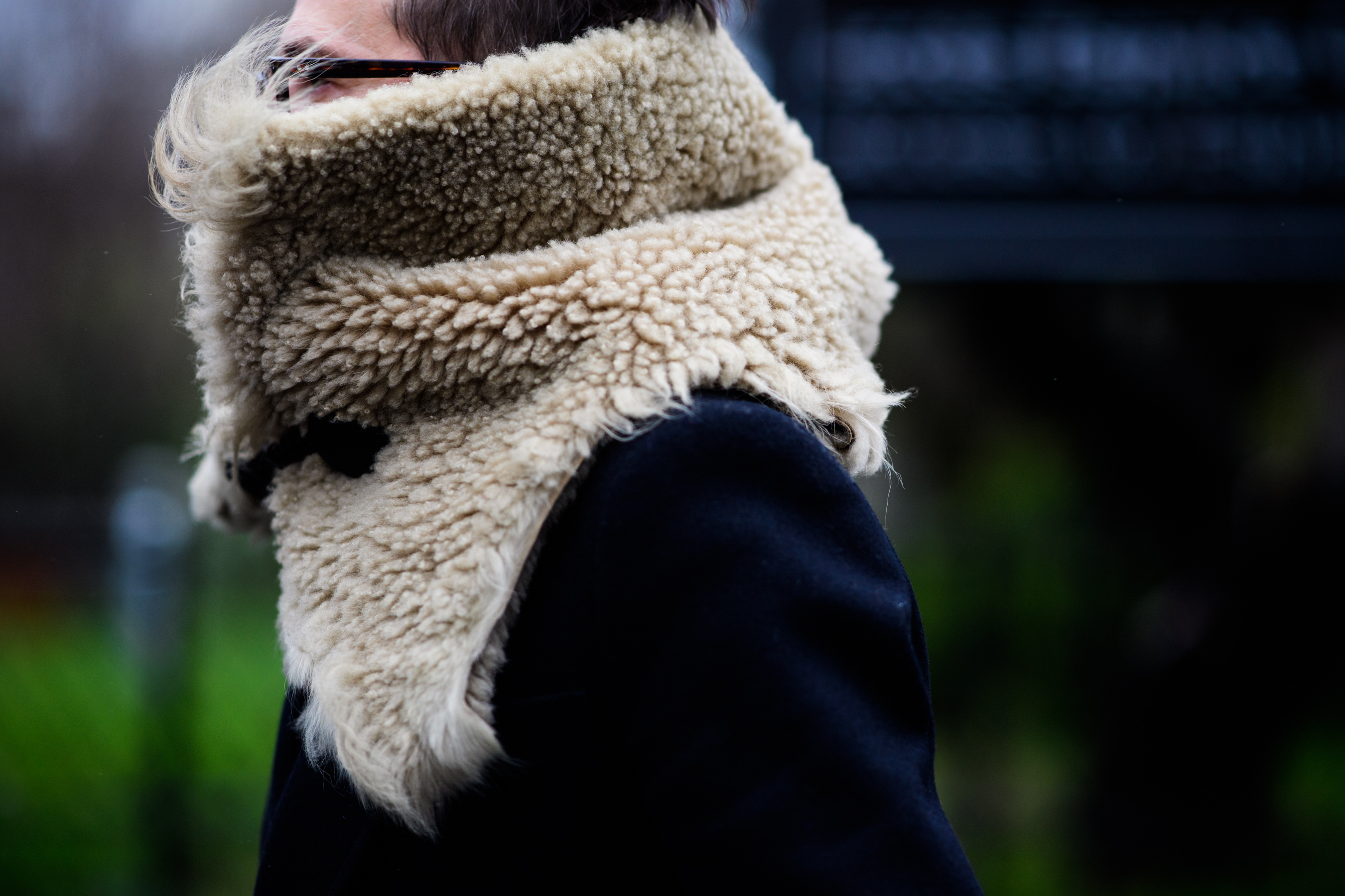 Man wearing high sheepskin collar