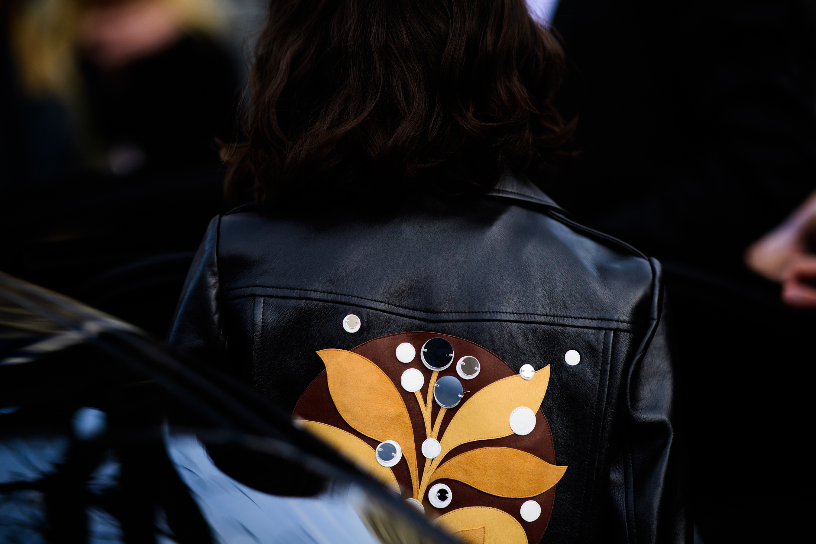 Woman wearing leather jacket