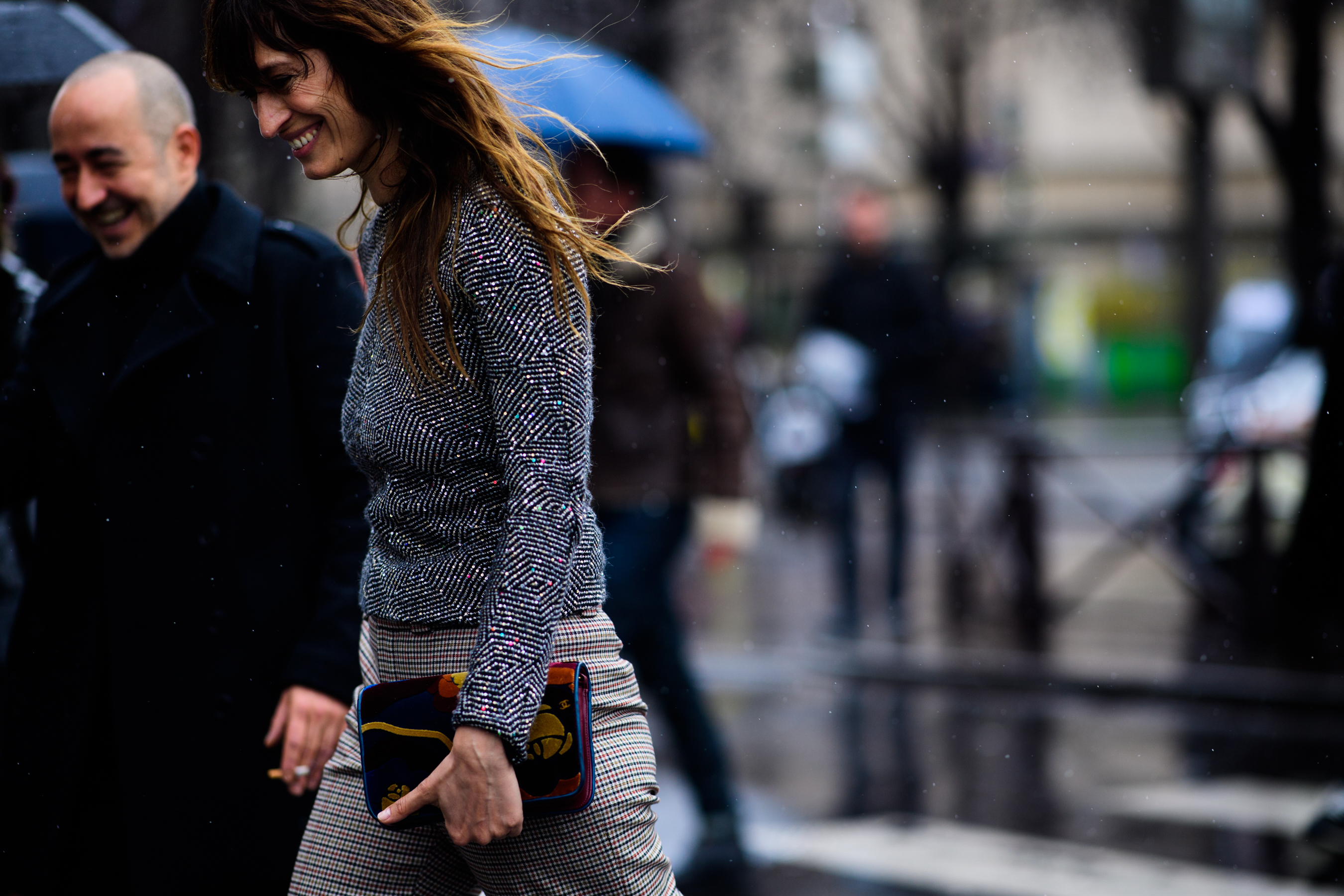 French model wearing shiny sweater