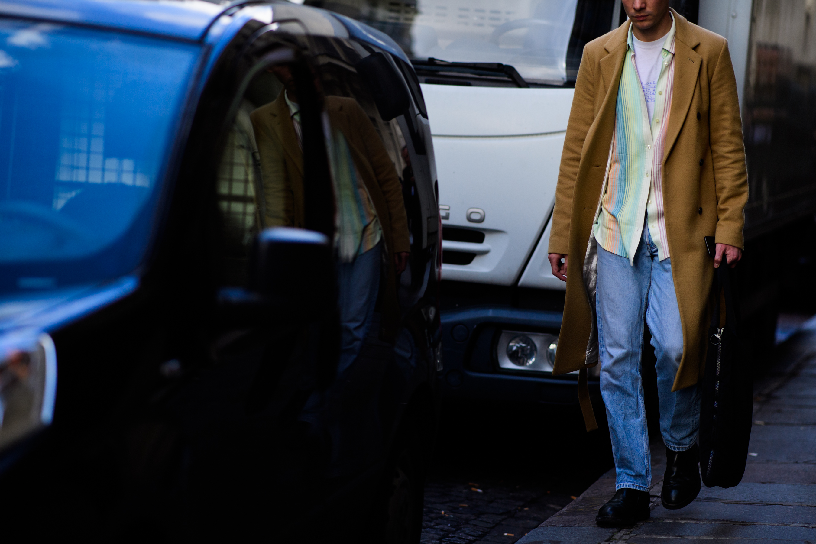 A Magazine editor wearing camel coat