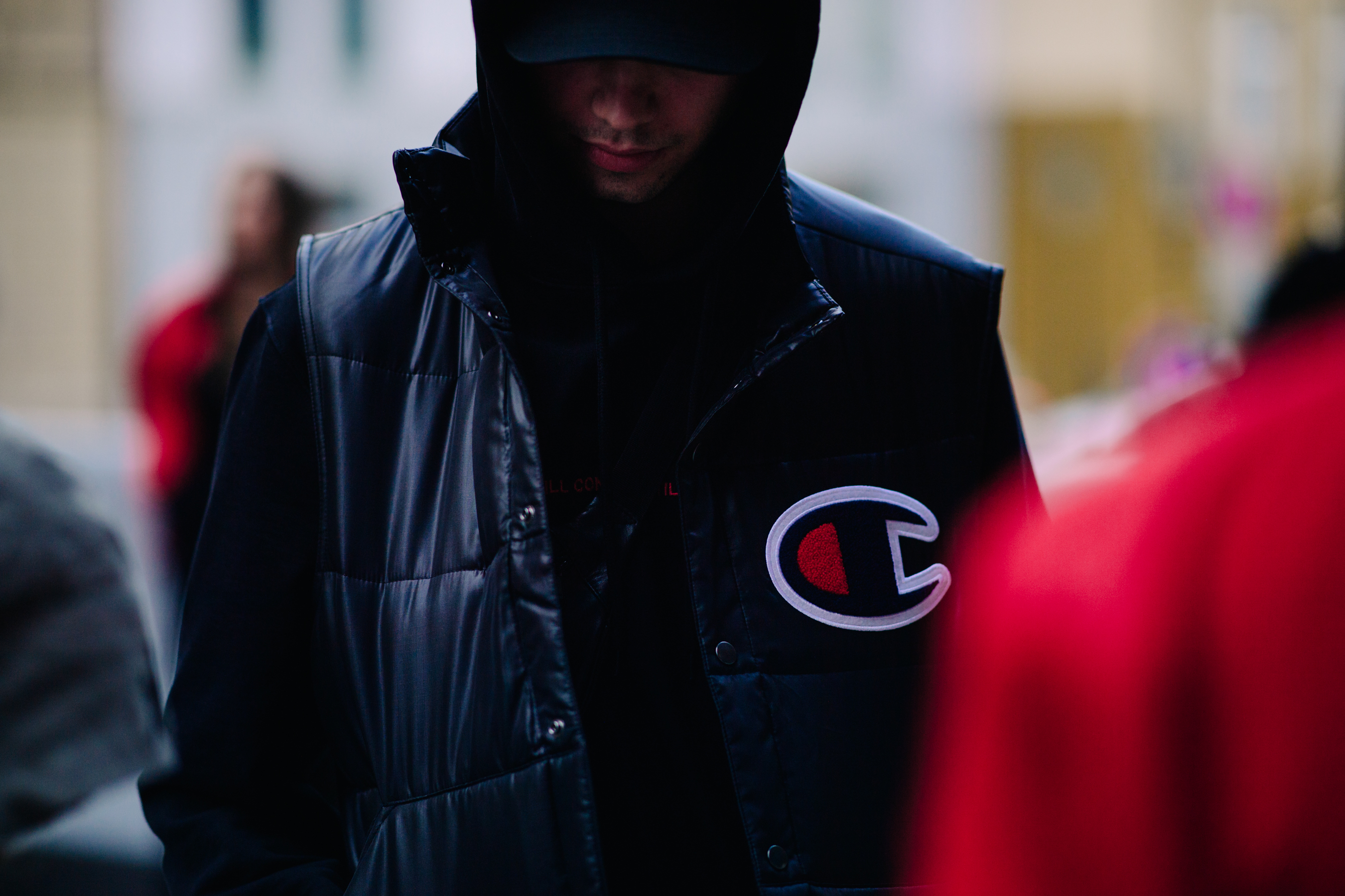 Man wearing Champion puffer vest