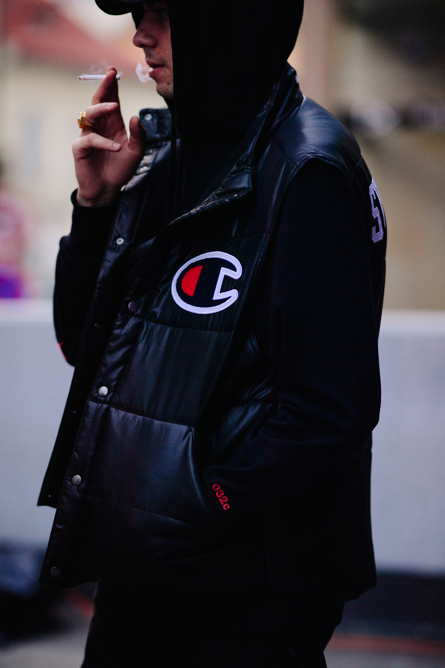 Man wearing Champion puffer vest