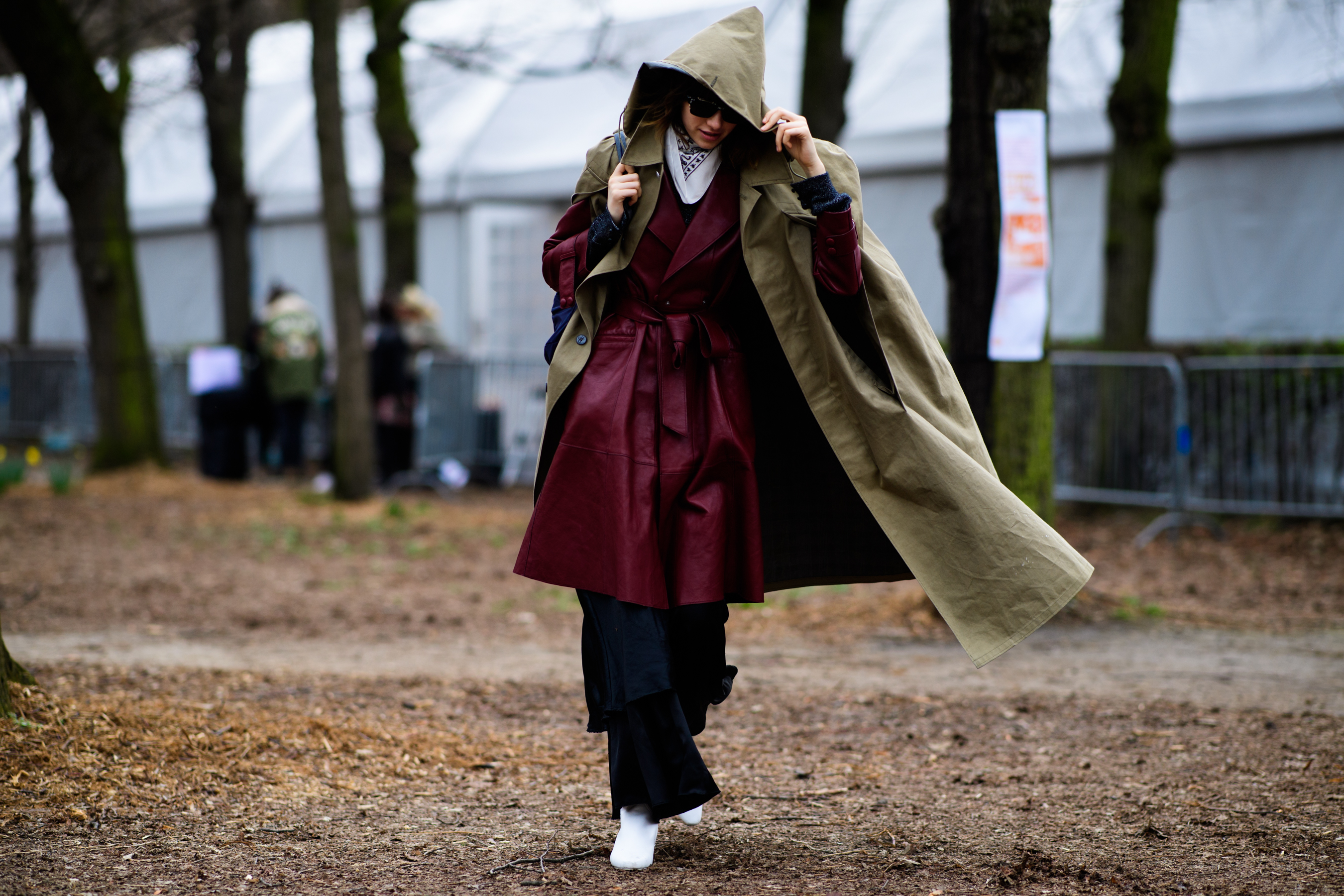 Model wearing long parka