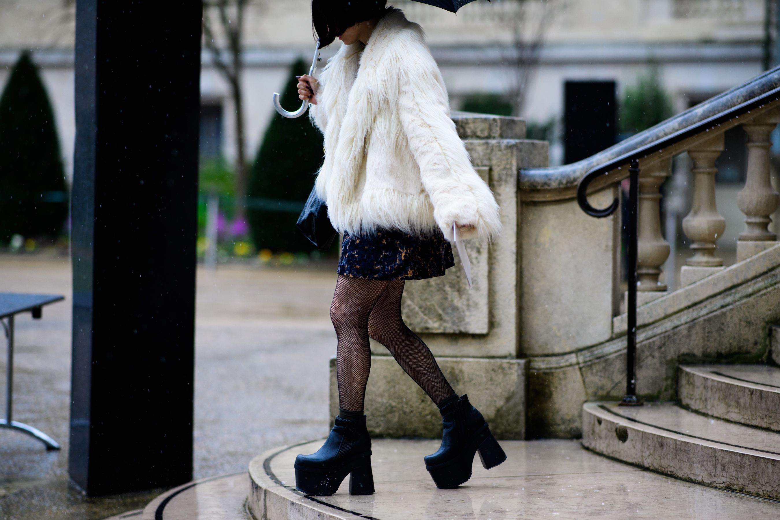 Woman wearing white fur coat