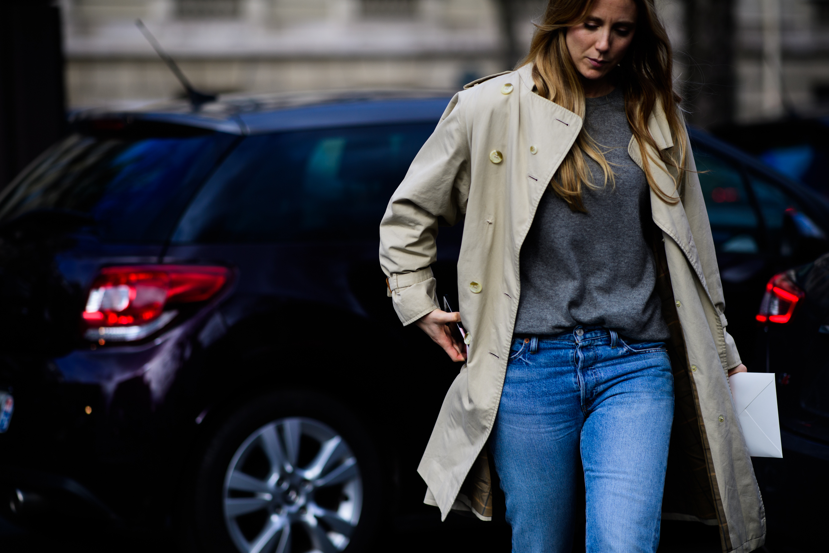French VOGUE editor wearing beige coat