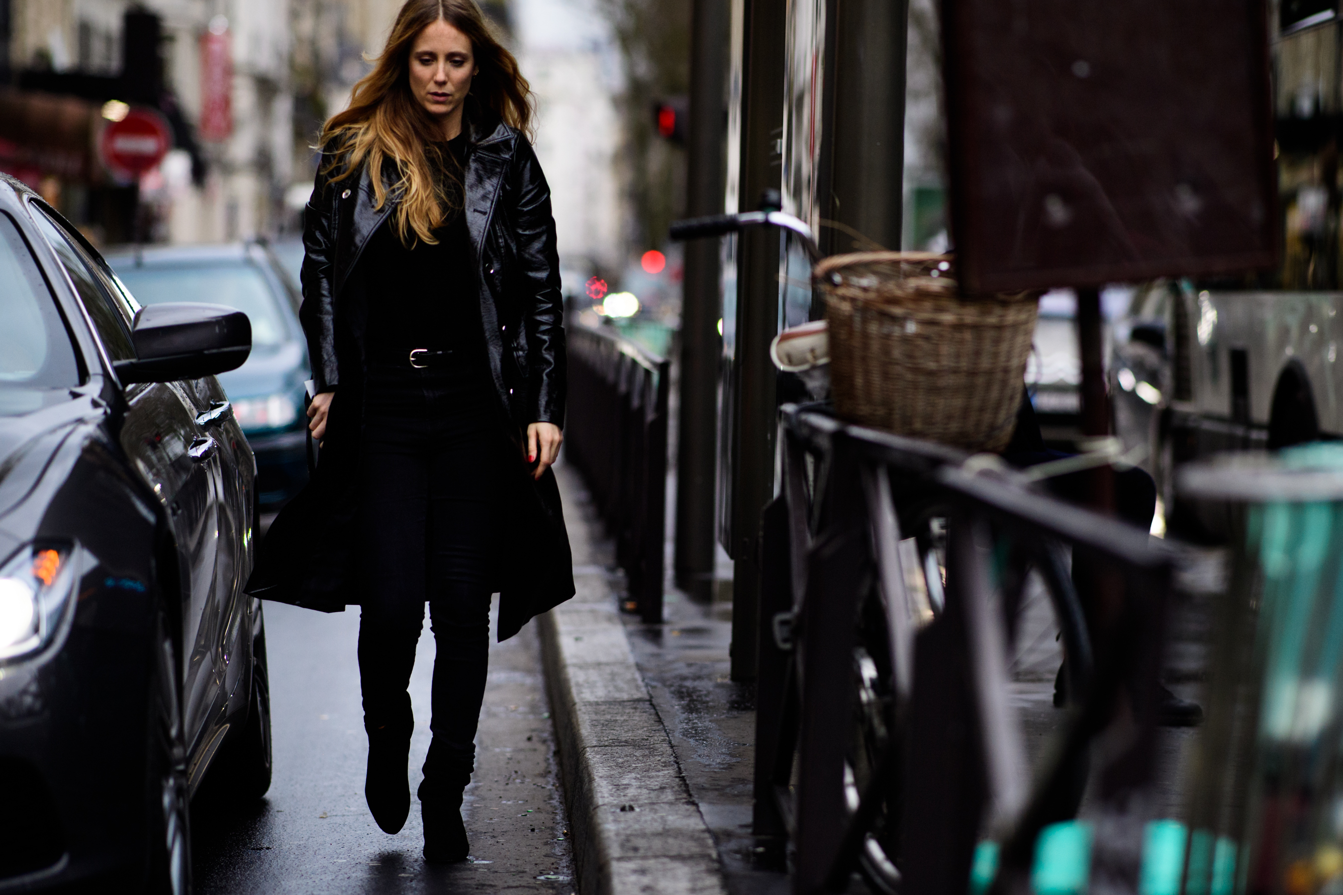 French VOGUE editor wearing leather coat
