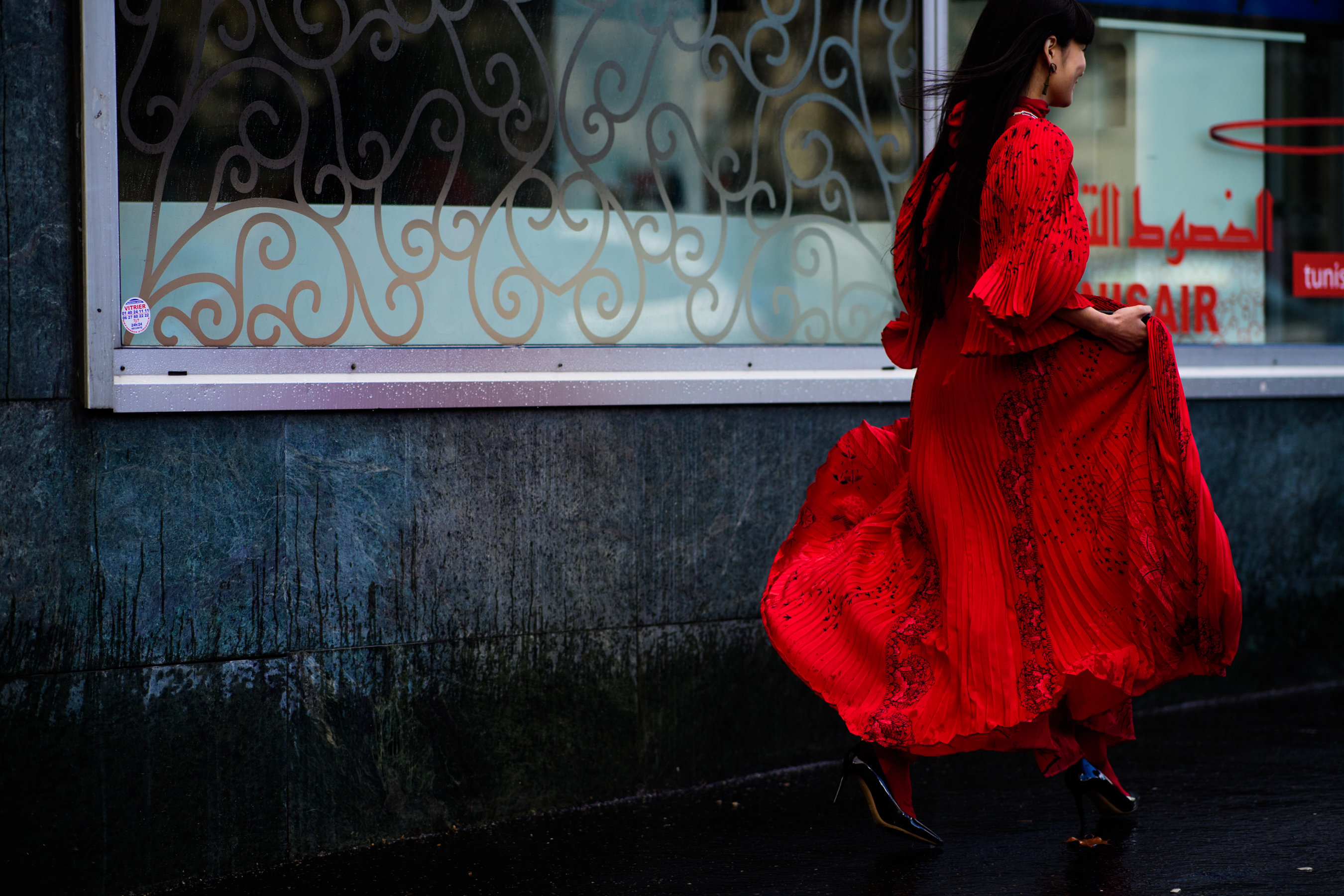 Japanese model wearing red dress