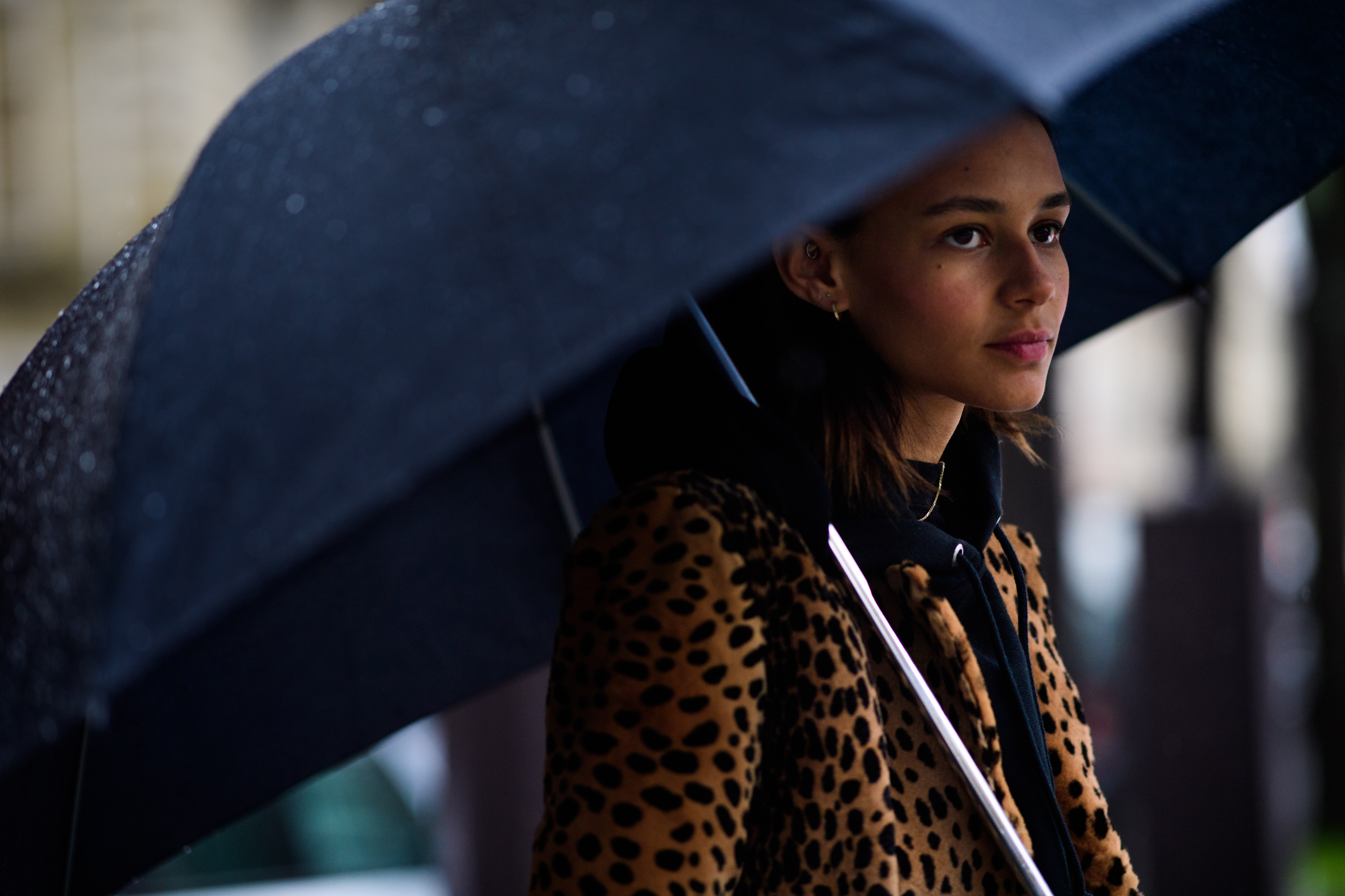 Model wearing animal print jacketa
