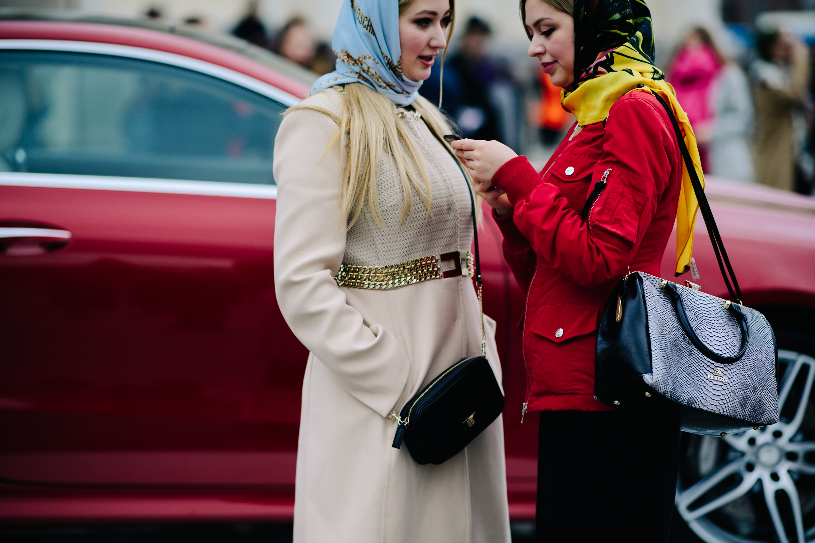 Two Russian girls wearing head scarfs