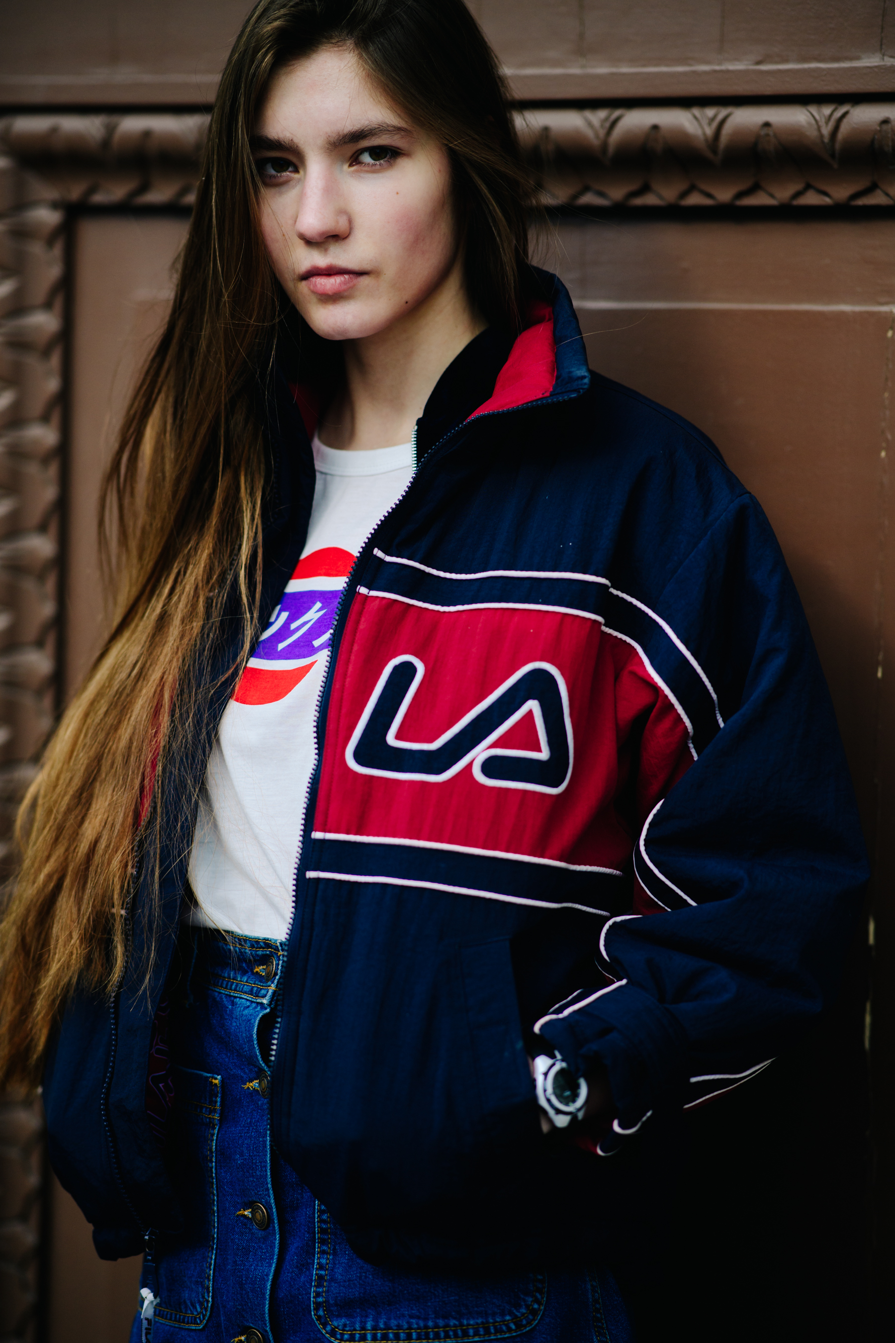 Model wearing Fila sports jacket